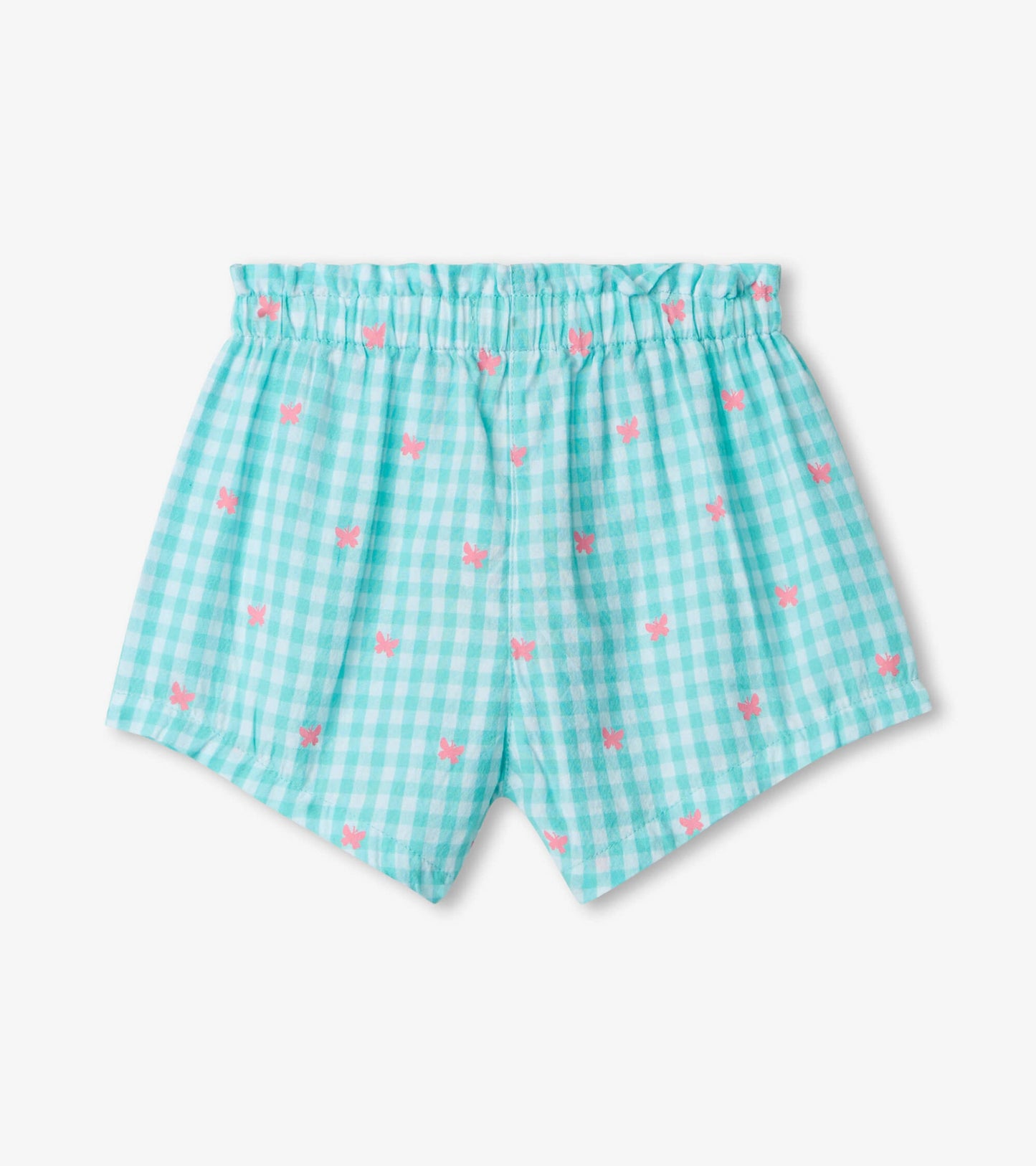 Light blue gingham baby shorts with pink butterfly prints and an elastic waistband.