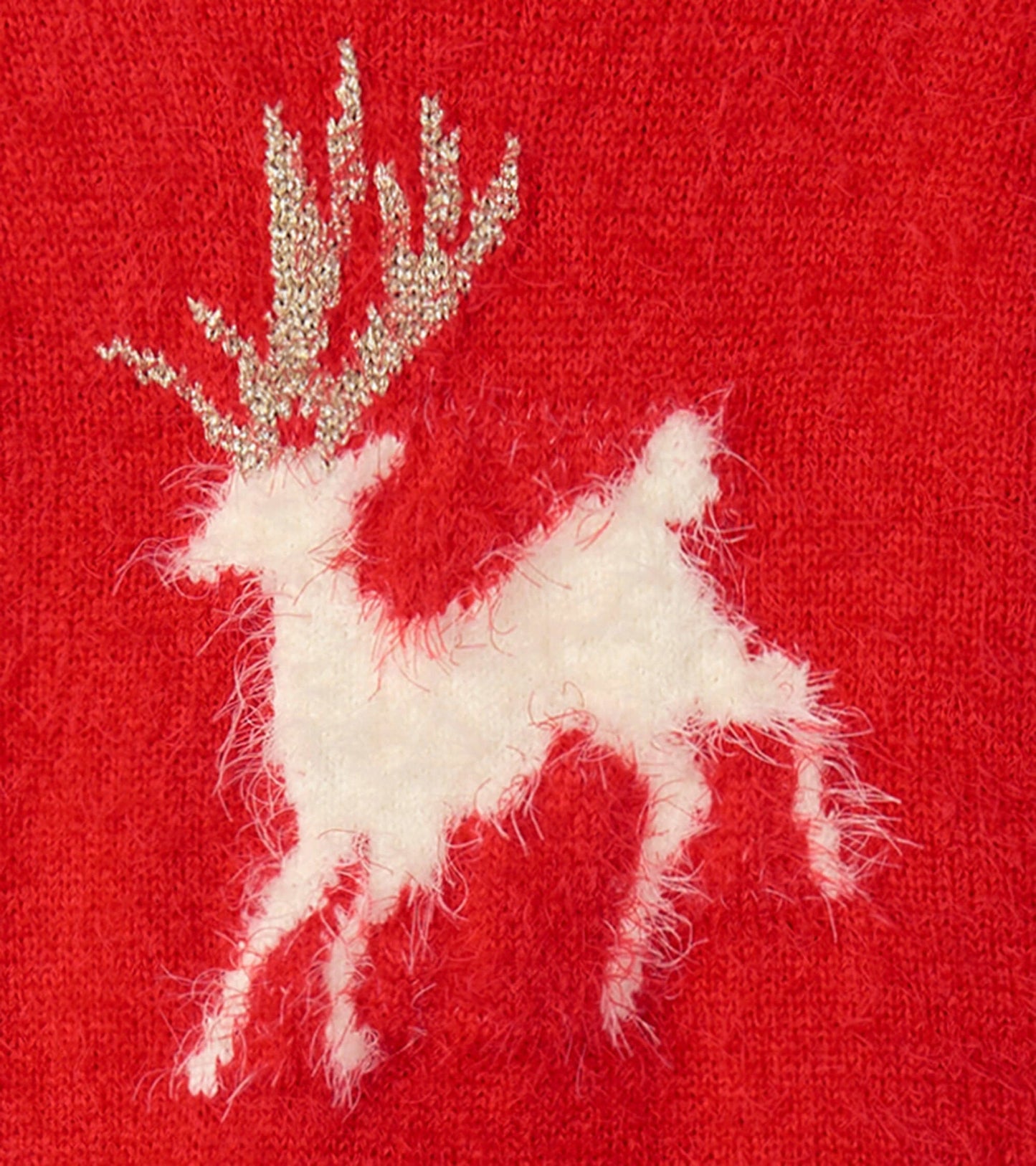 Red fuzzy sweater dress featuring a white reindeer design with glittery antlers. Ideal for festive occasions.
