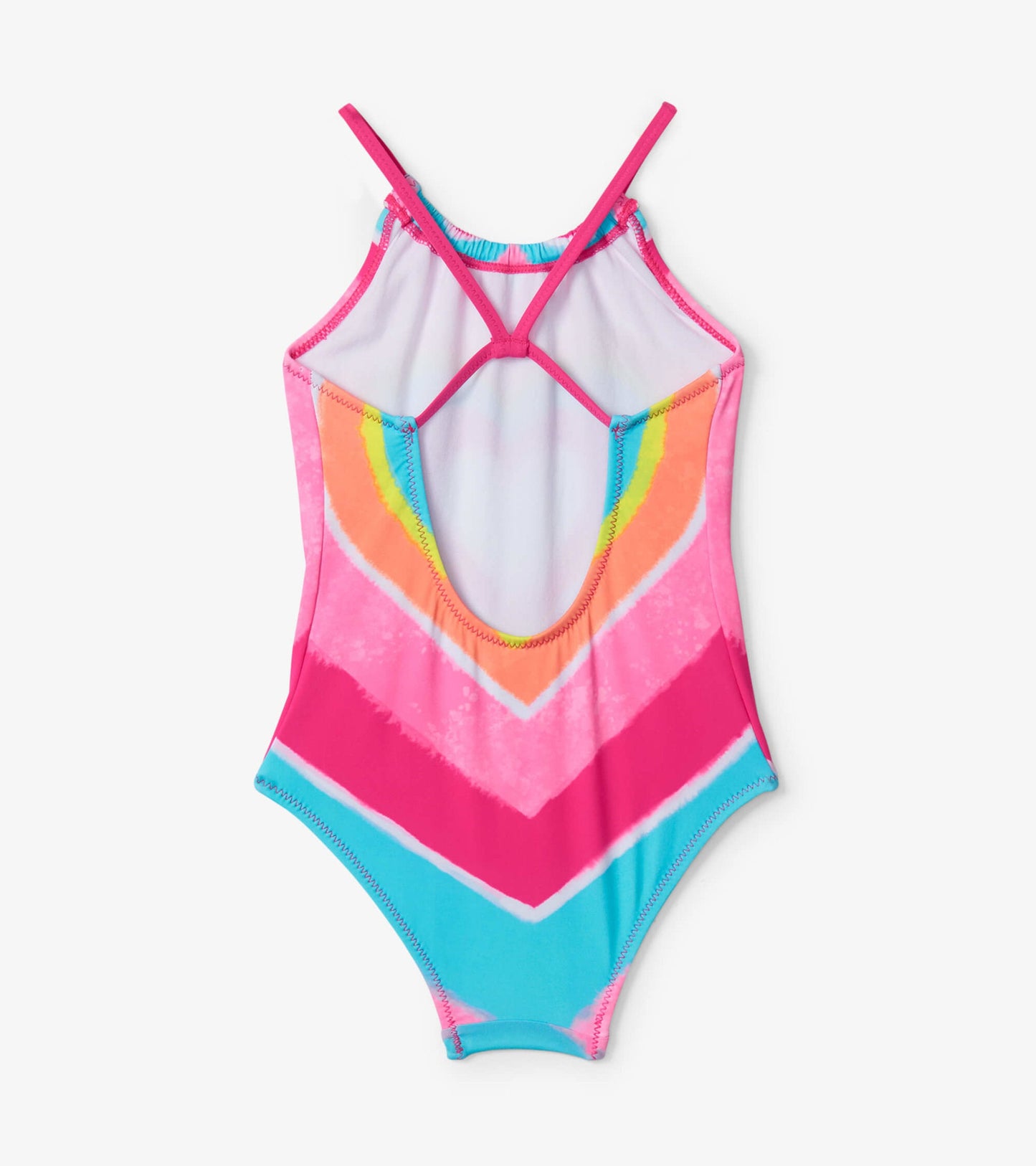 Psychedelic heart-patterned swimsuit featuring vibrant pink, blue, and orange colors with a gathered front and cross-back st…