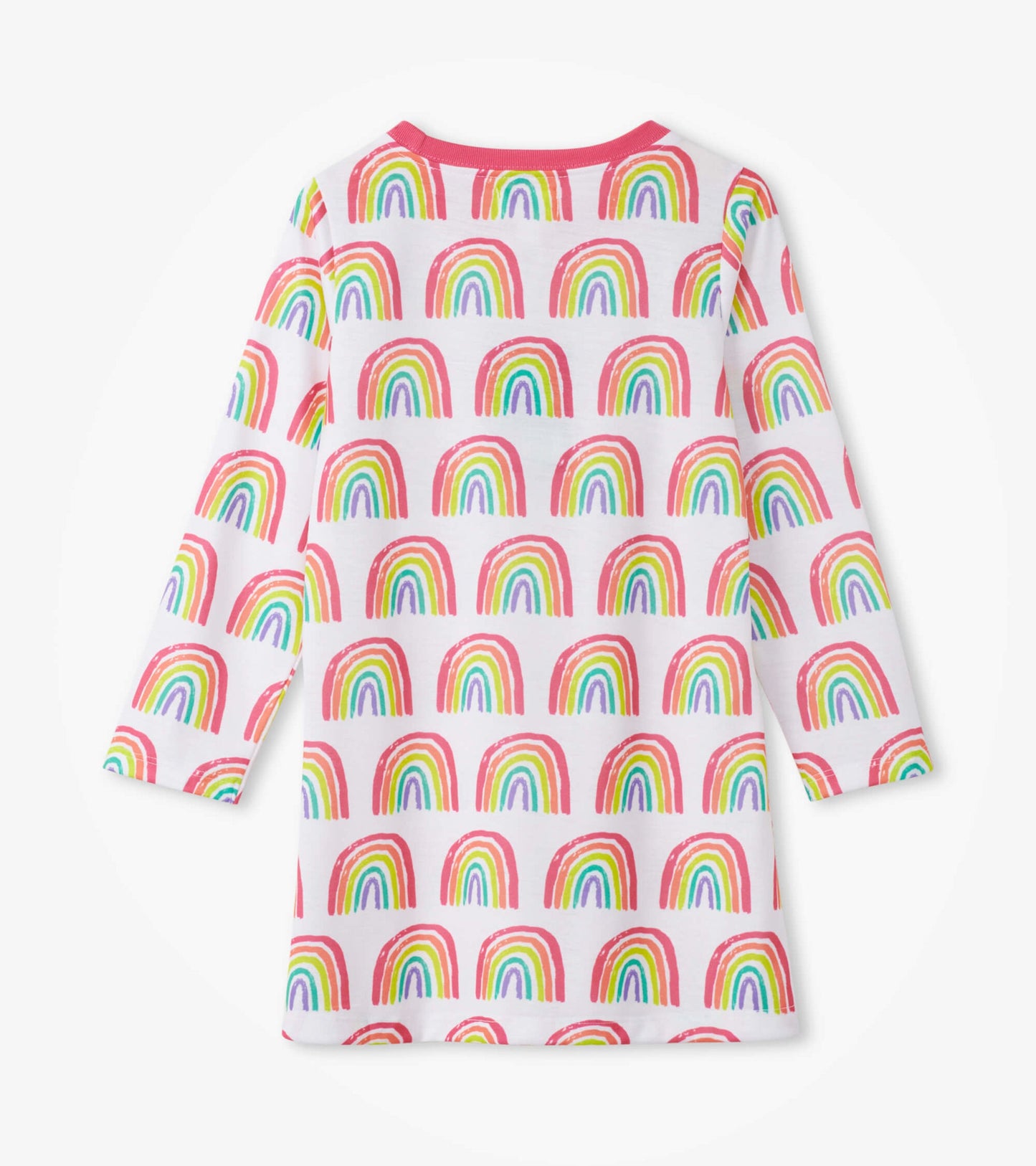 Long sleeve nightdress featuring a colorful rainbow pattern on a white background with a pink neckline.