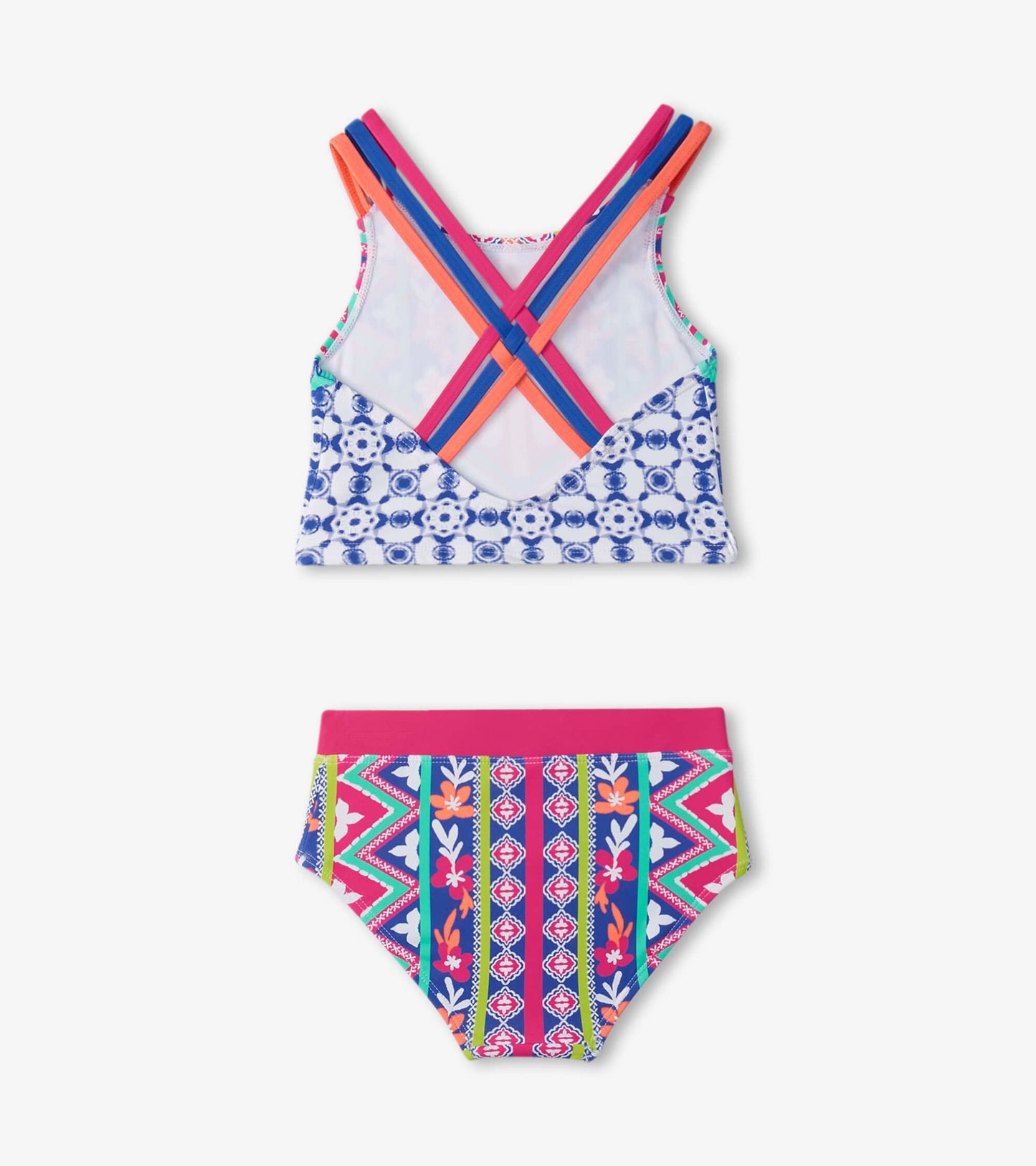 Two-piece bikini set featuring a colorful crop top with cross straps and patterned high-waisted bottoms.