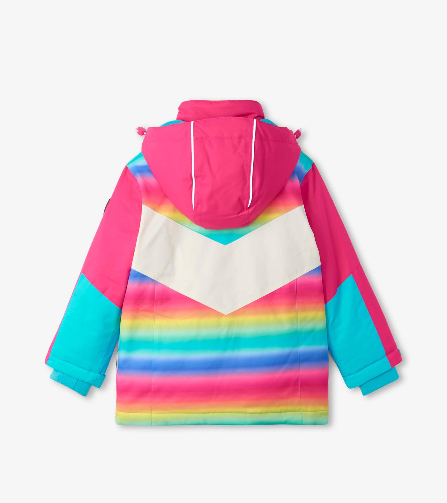 Colorful ski jacket featuring a rainbow stripe pattern with a pink and turquoise design, showcasing a hood and chevron detai…