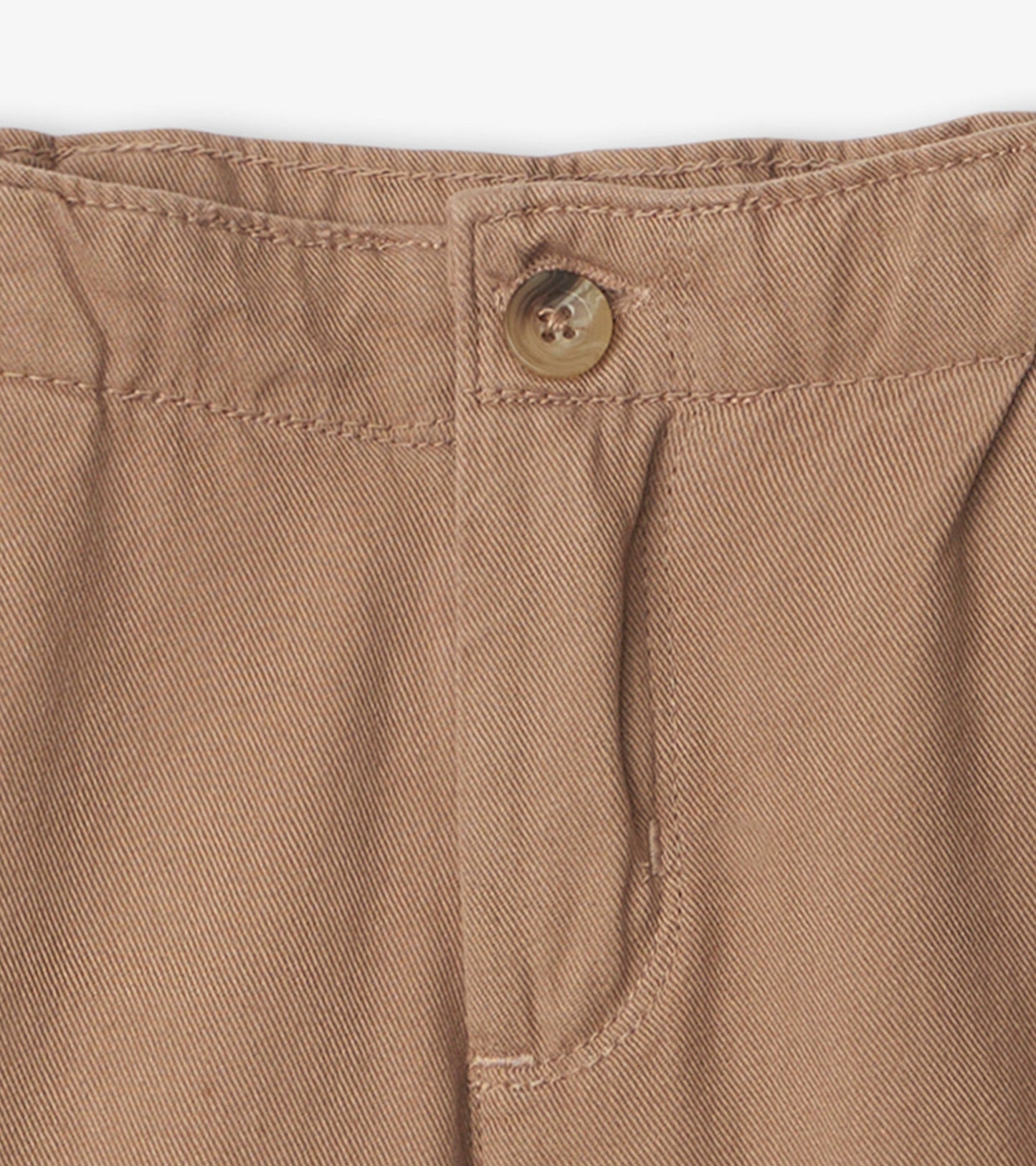Khaki twill shorts featuring a button closure and side pockets, suitable for casual wear.