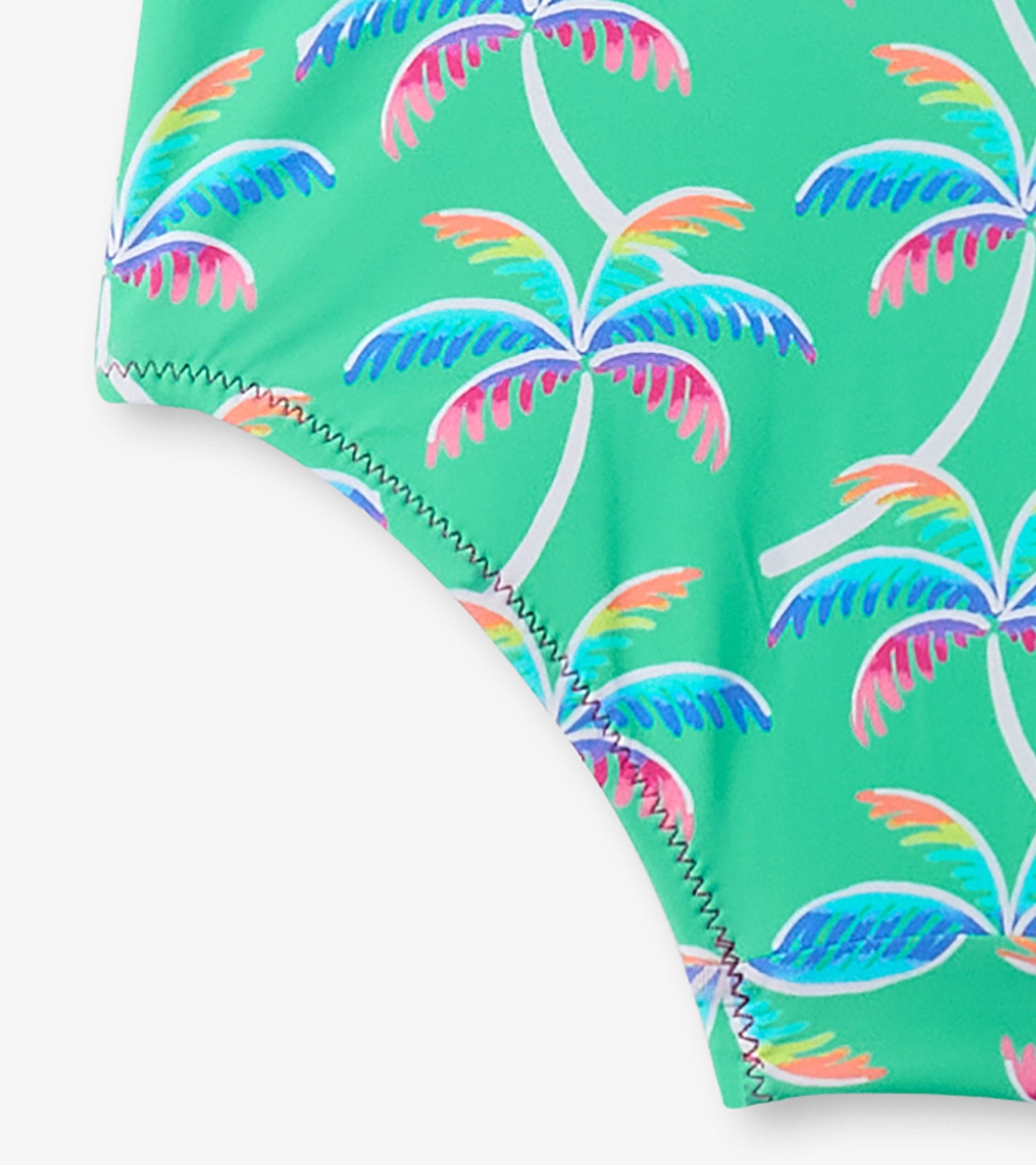 Green swimsuit featuring colorful palm tree print and shoulder bows, ideal for summer wear.