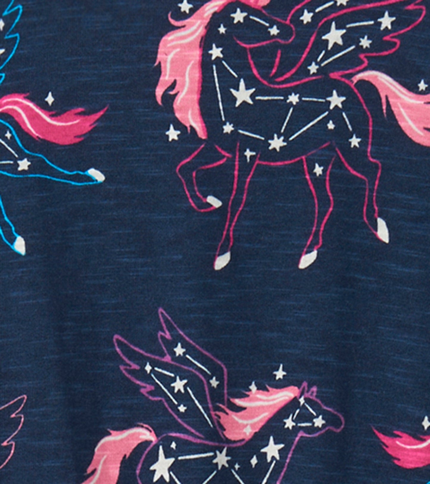Navy drop waist dress featuring colorful unicorn constellations and stars in pink and blue tones.