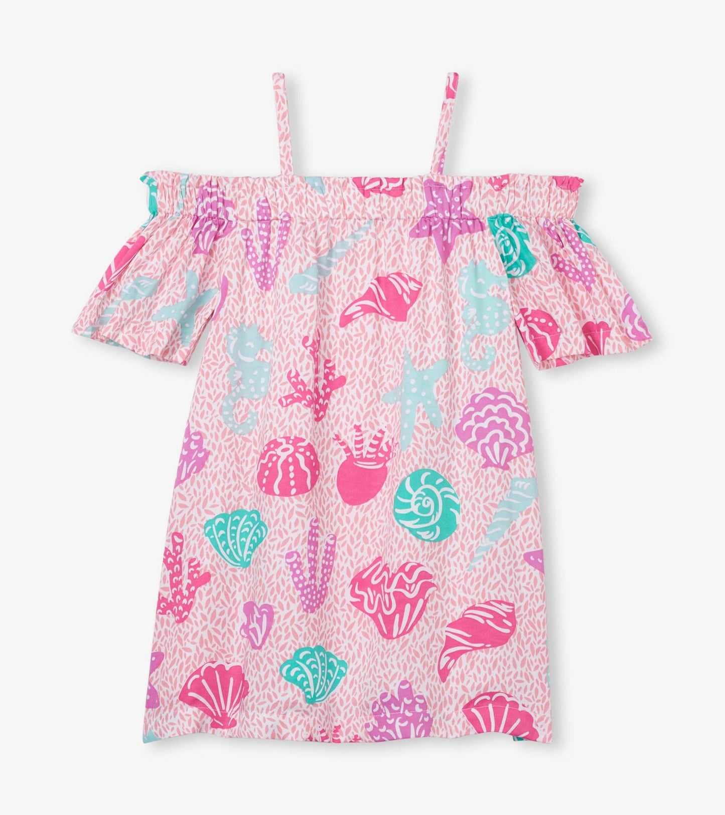 Off-shoulder dress featuring a pink sea life pattern with shells and starfish, ideal for casual summer wear.