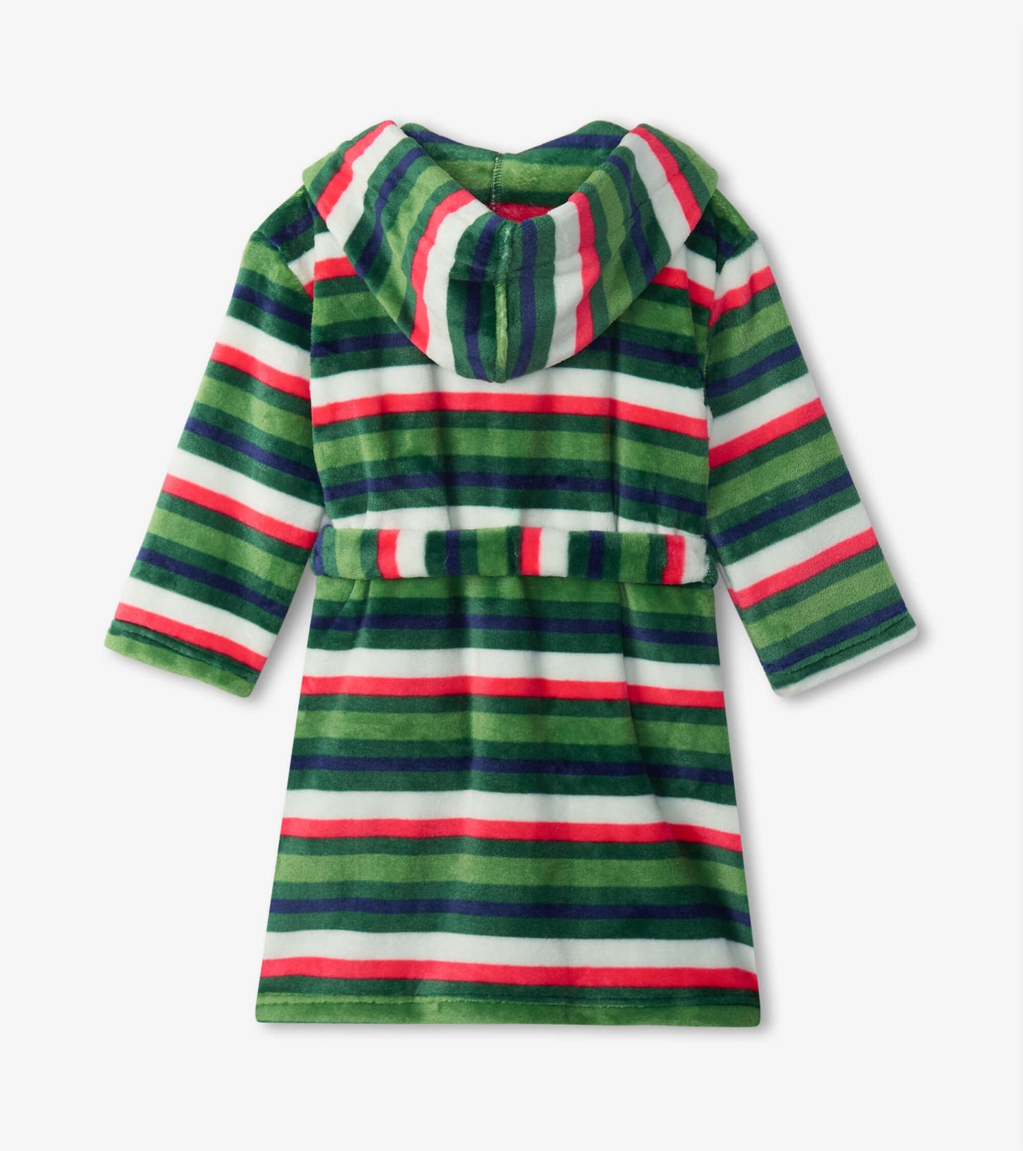 Green fleece robe with red, white, and blue stripes, featuring a hood and a tie belt, shown from the back.