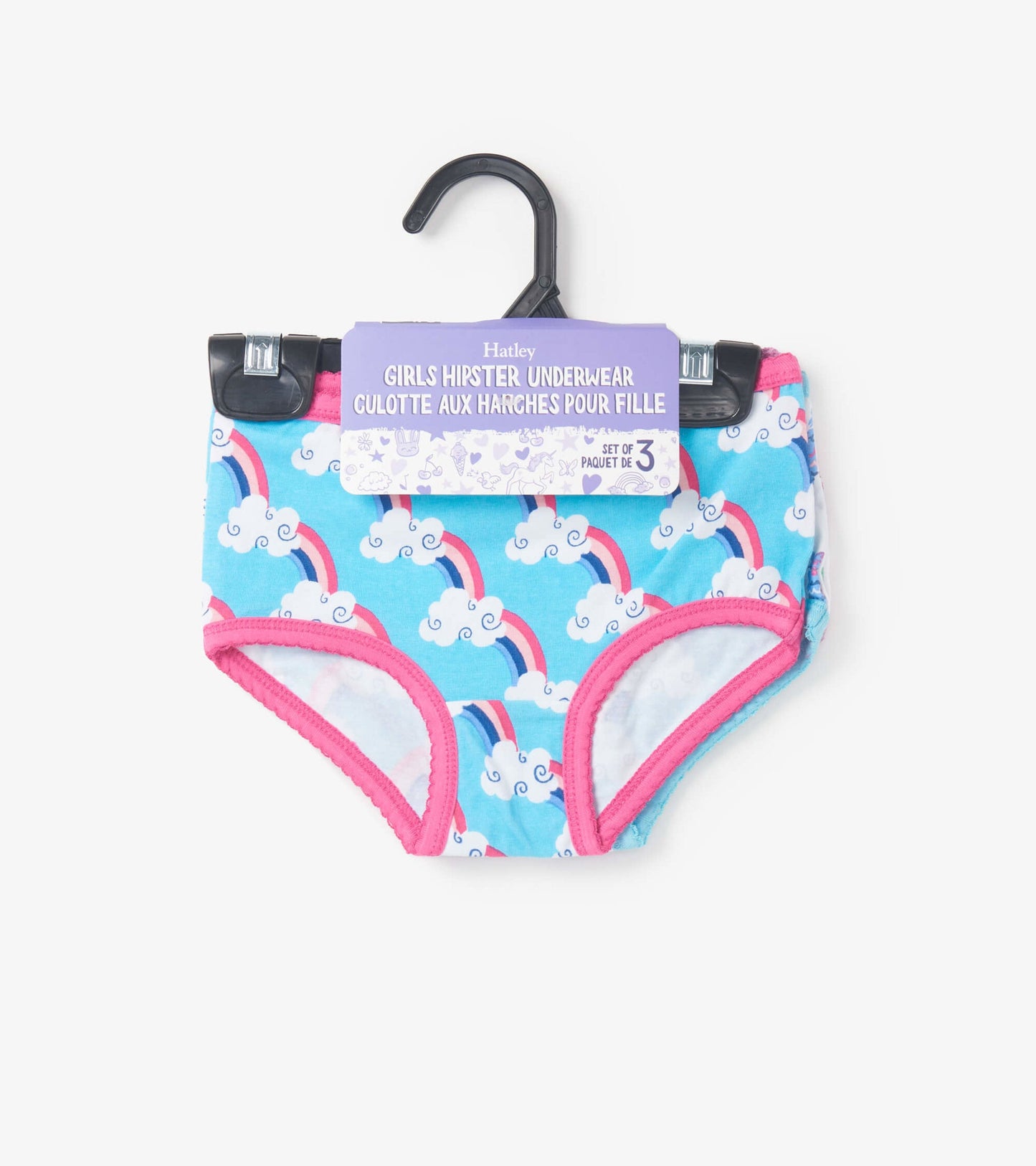 Colorful girls' hipster underwear featuring clouds and rainbows, with pink trim, displayed on a hanger.
