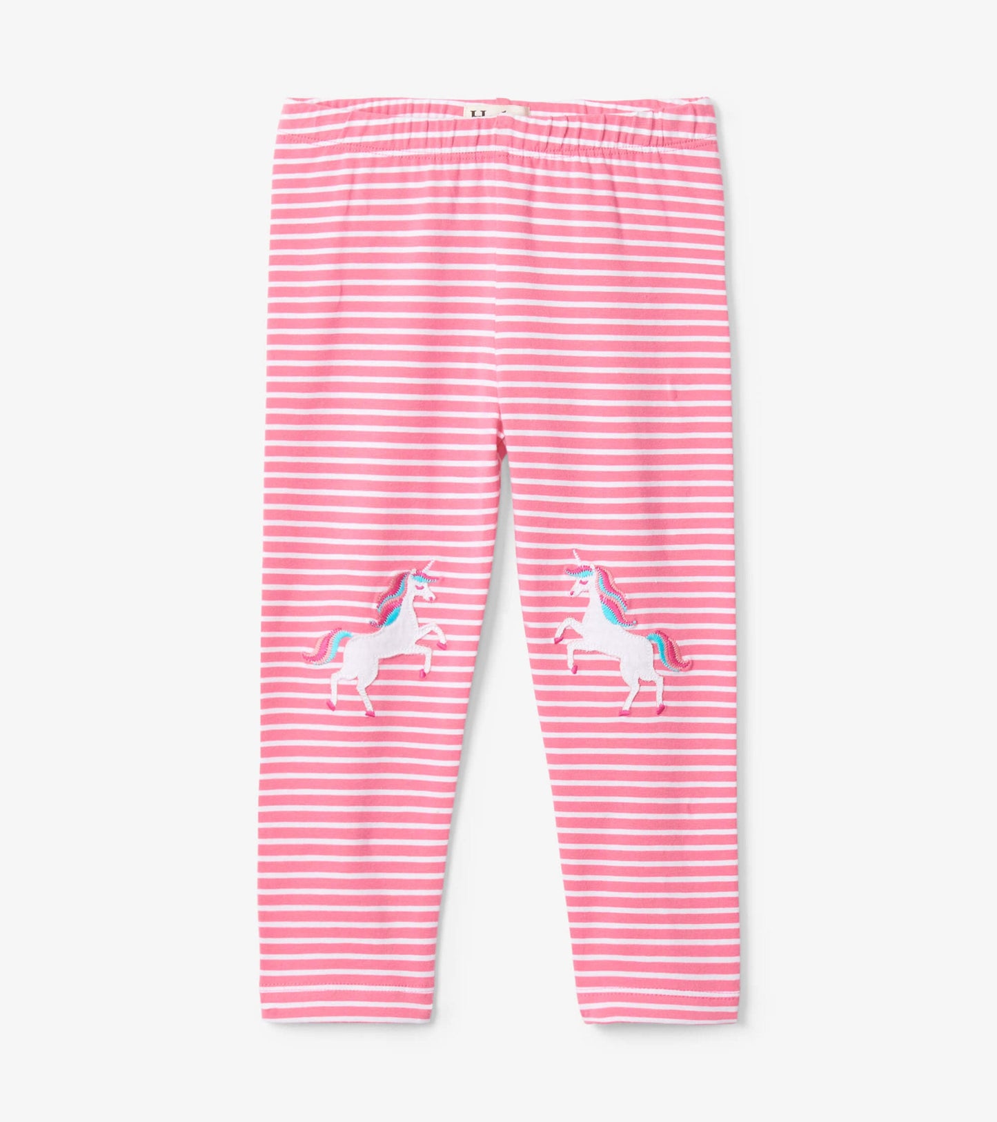 Pink striped toddler leggings featuring embroidered unicorns on the front. Soft, stretchy material for comfort.