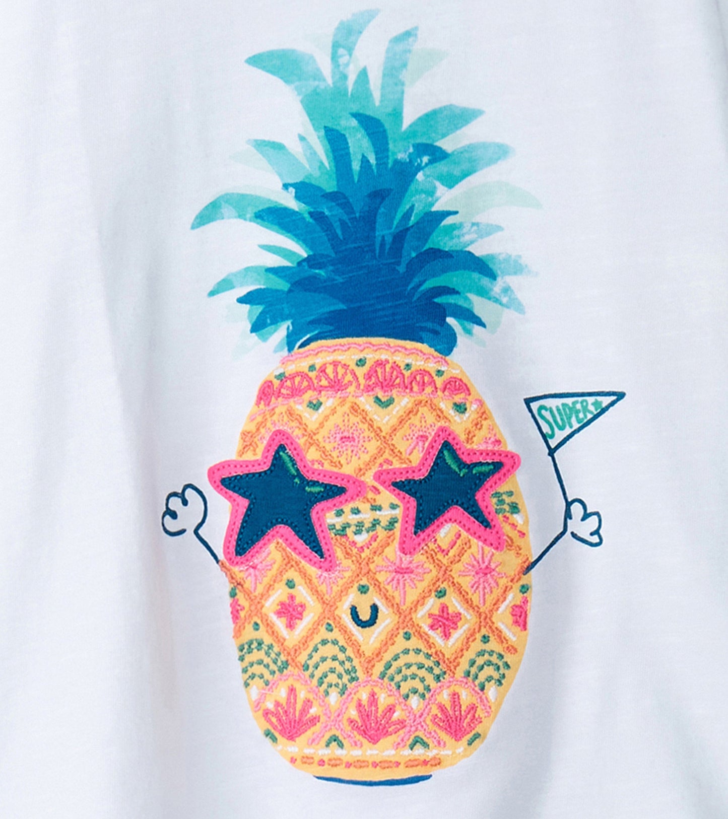 White graphic tee featuring a colorful pineapple with star sunglasses and a "Super" flag.