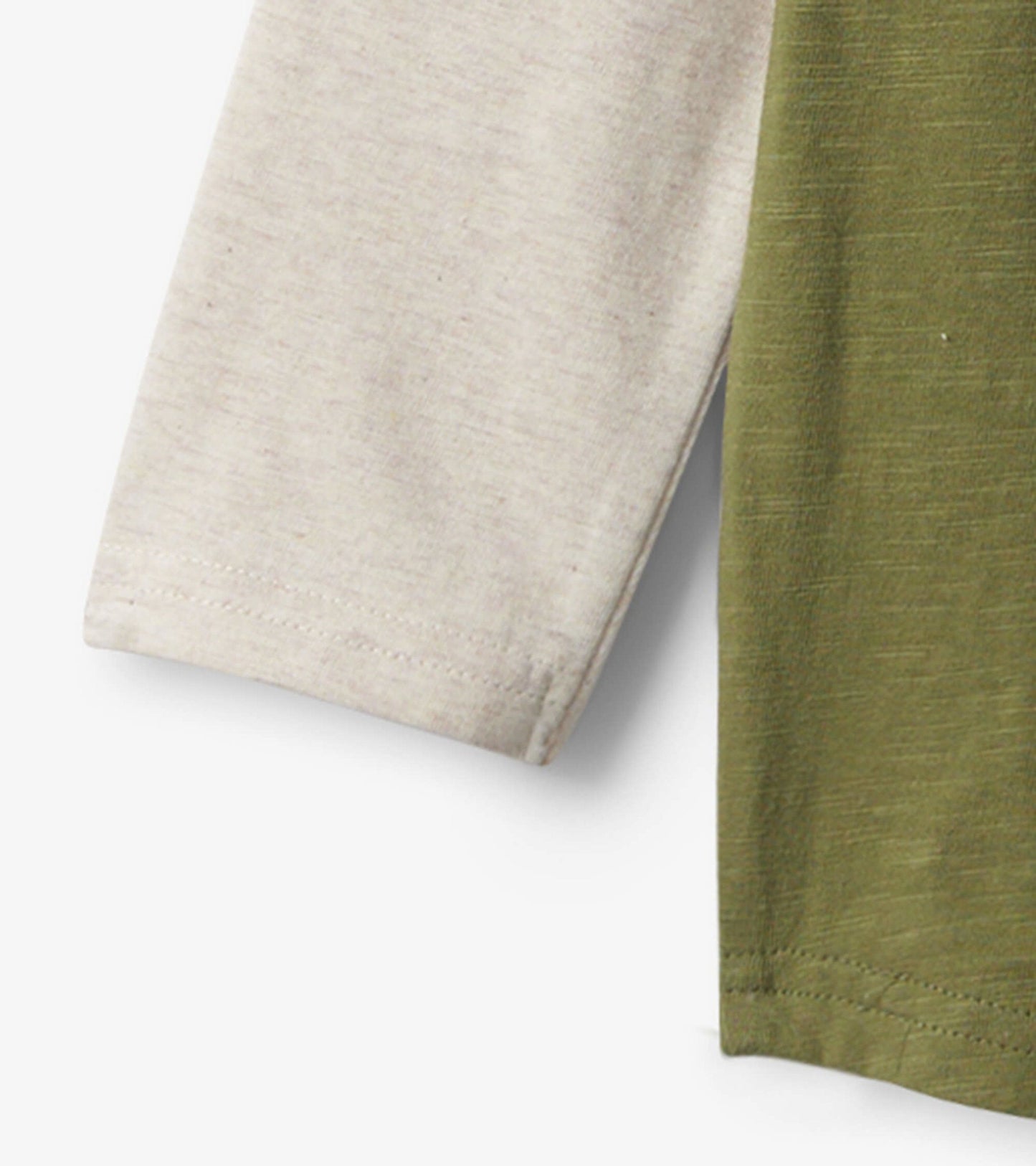 Long sleeve t-shirt featuring a cream and olive green color block design, made from soft cotton material.