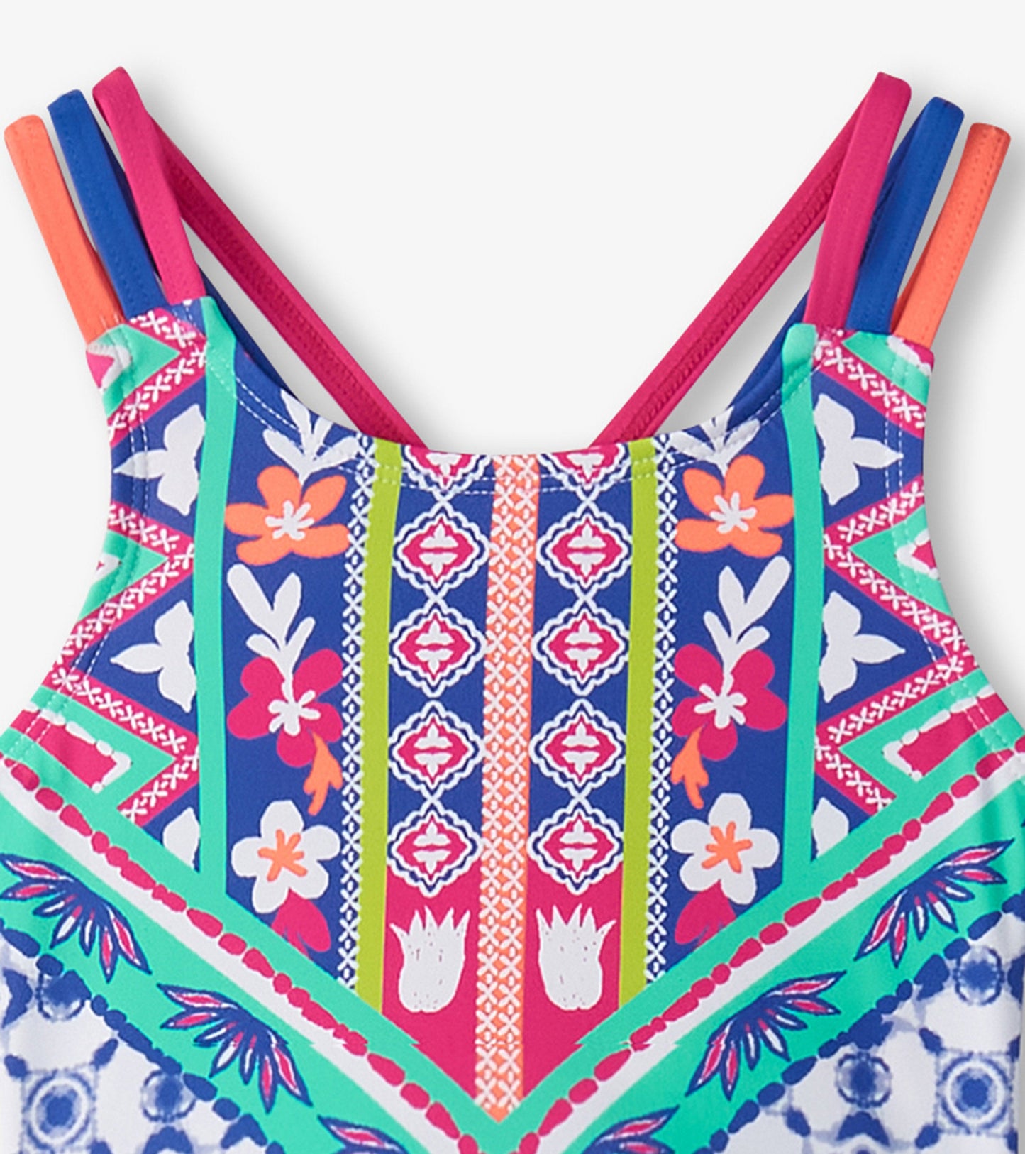 Colorful two-piece crop top bikini set featuring floral and geometric patterns with multi-colored straps.