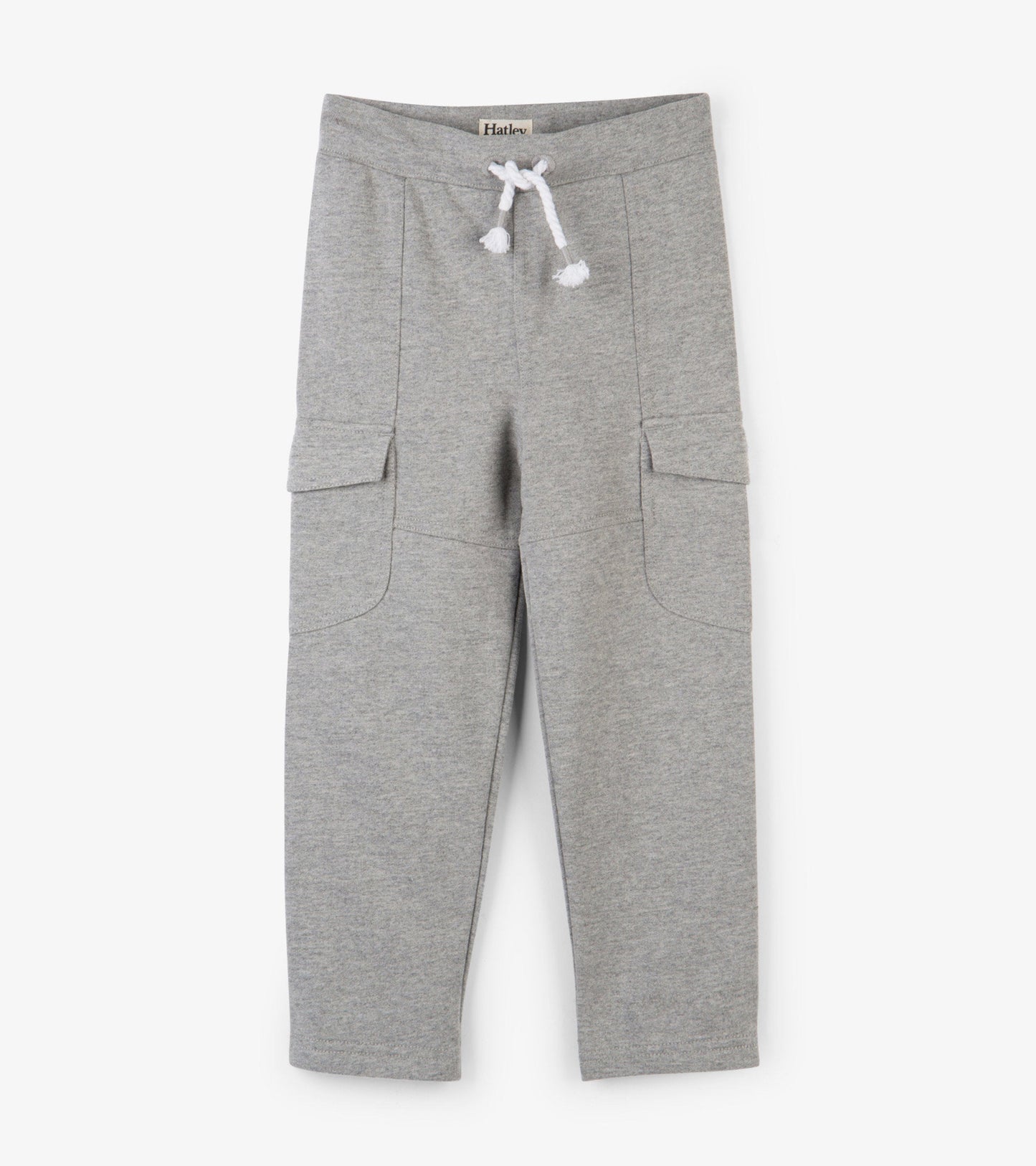Grey cargo joggers with side pockets and a drawstring waistband, suitable for casual wear.