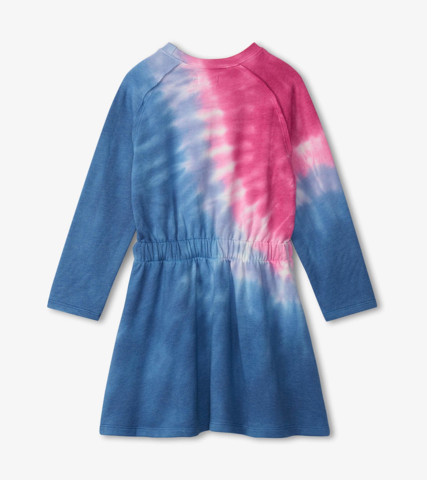 Long-sleeve tie-dye dress featuring a cinched waist, with a blend of blue and pink hues. Back view displayed.