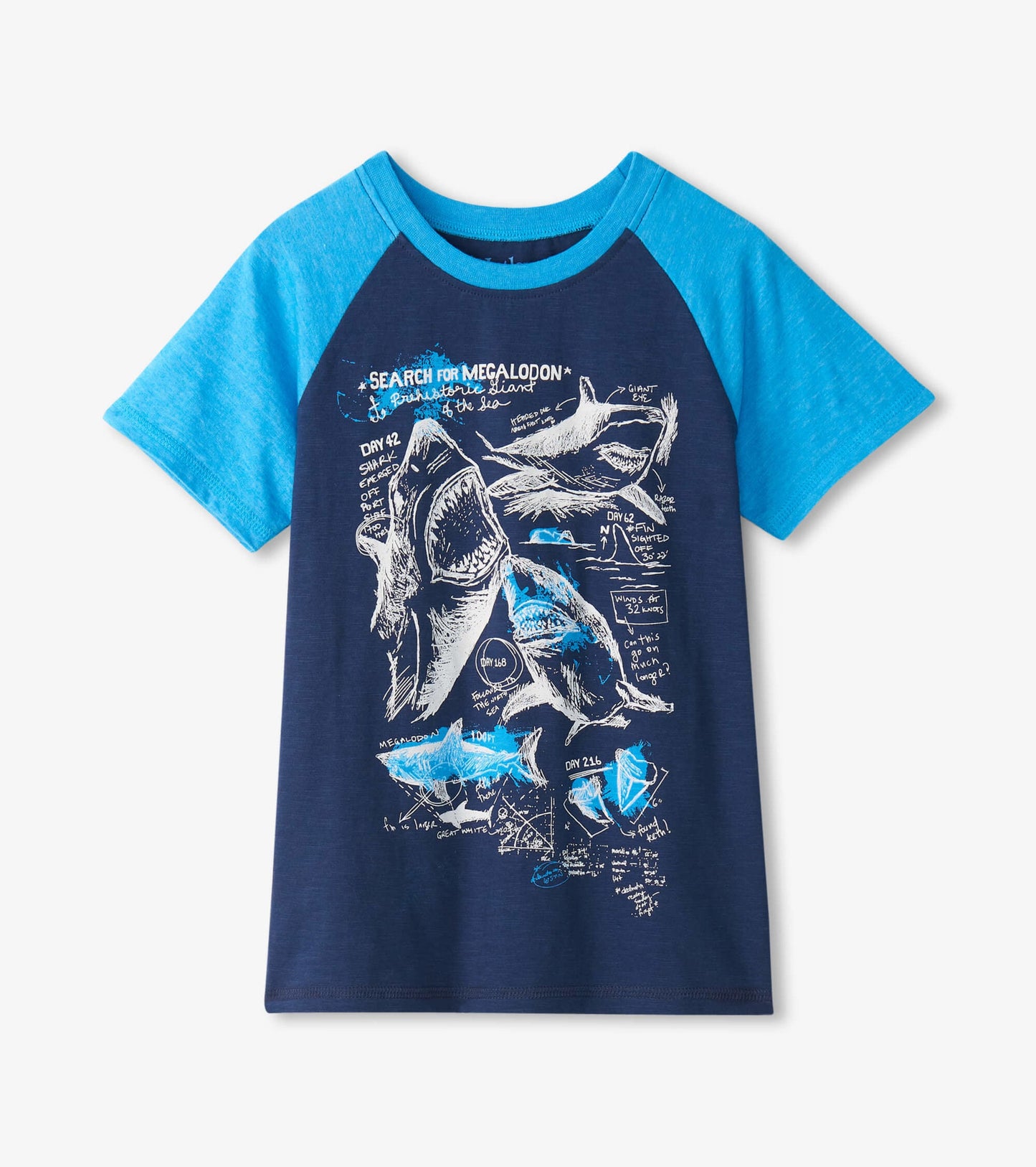 Navy blue raglan t-shirt with light blue sleeves, featuring shark graphics and text in white.