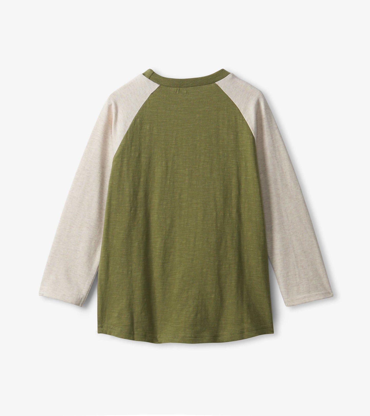 Long sleeve t-shirt featuring a green body and cream raglan sleeves, designed for boys.