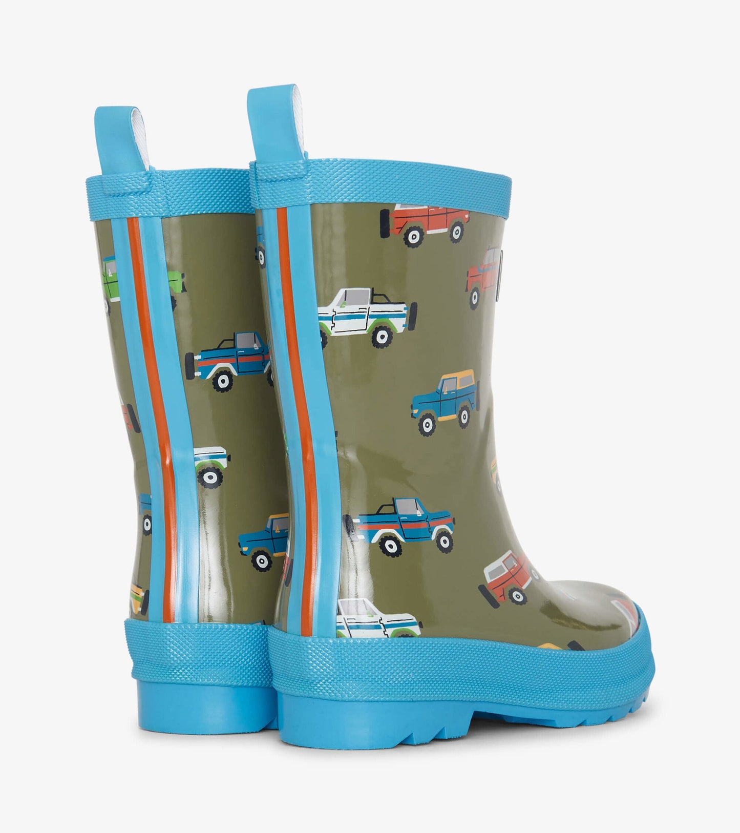 Green shiny wellies with colorful truck patterns and blue accents, featuring pull tabs for easy wear.