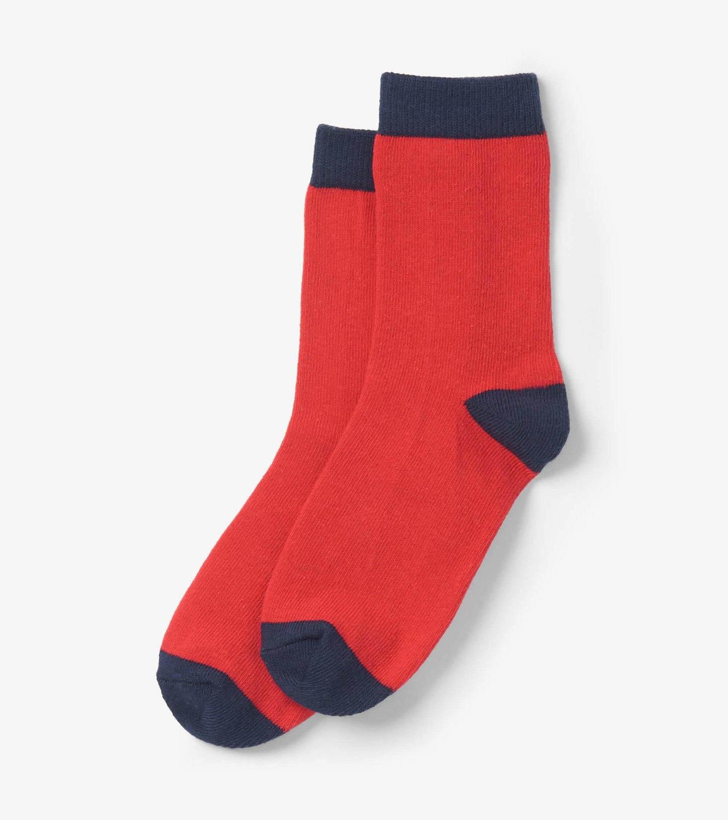 Red crew socks with navy cuffs and toes, suitable for kids aged 2-12. Soft material for comfortable wear.
