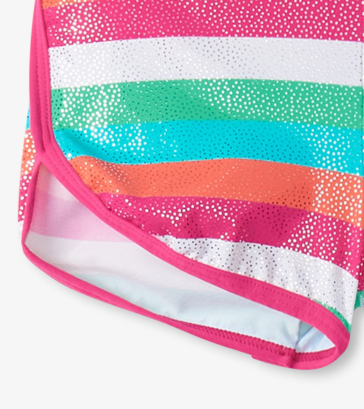Colorful swim shorts featuring horizontal stripes in pink, green, blue, orange, and white with a shiny finish.