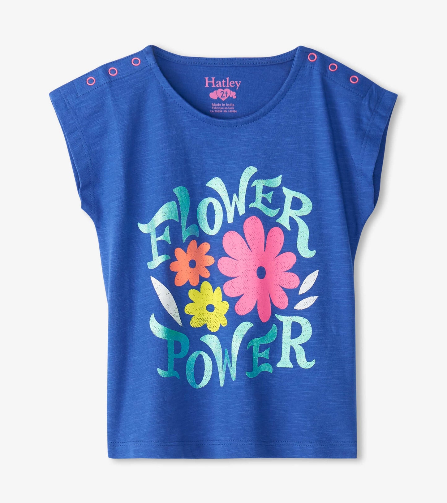 Blue short-sleeve shirt featuring a colorful "Flower Power" graphic with flowers and leaves. Snap button detail at the shoul…