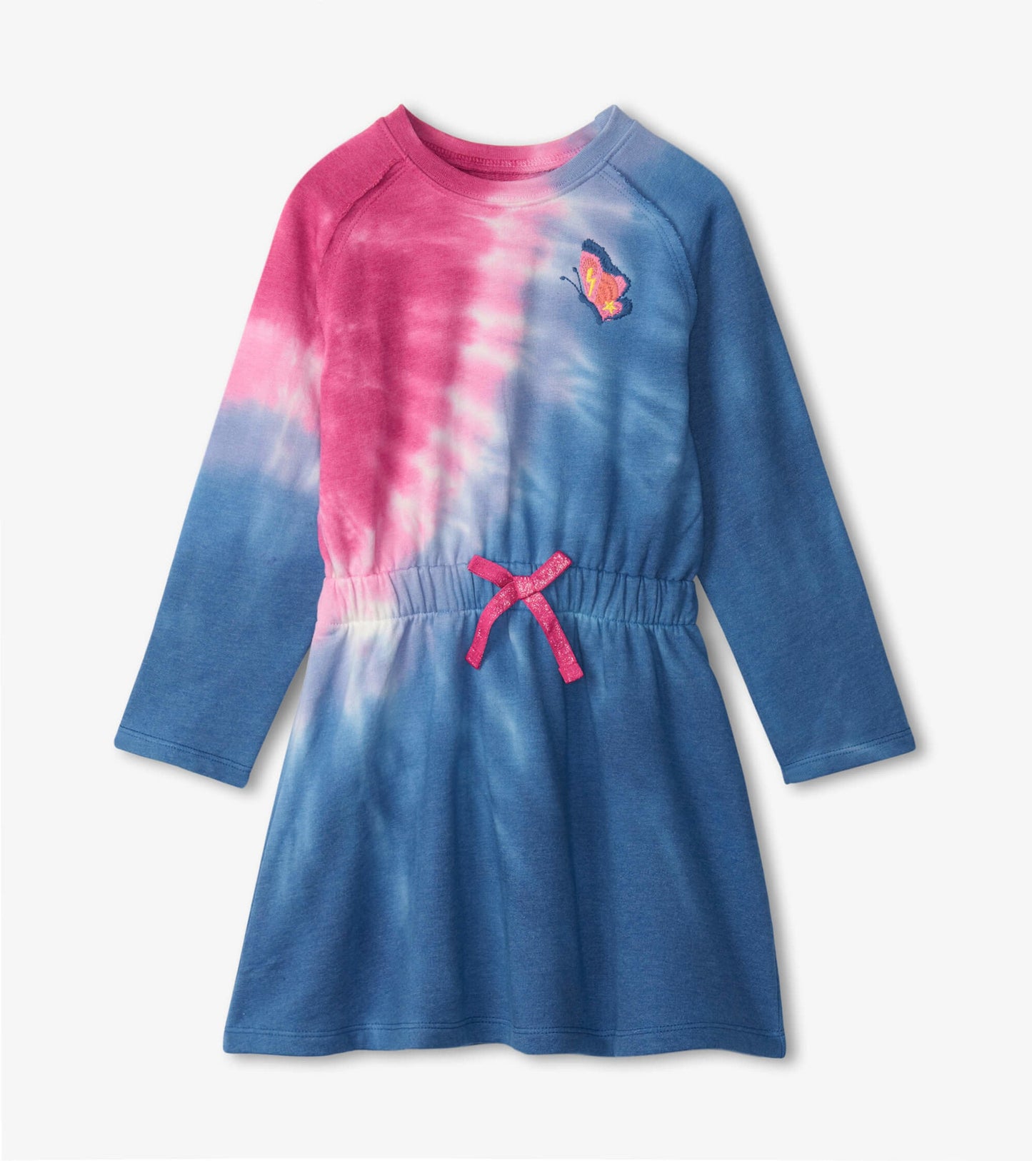 Long-sleeve tie-dye dress featuring pink and blue hues, cinched waist, and butterfly embroidery on the chest.