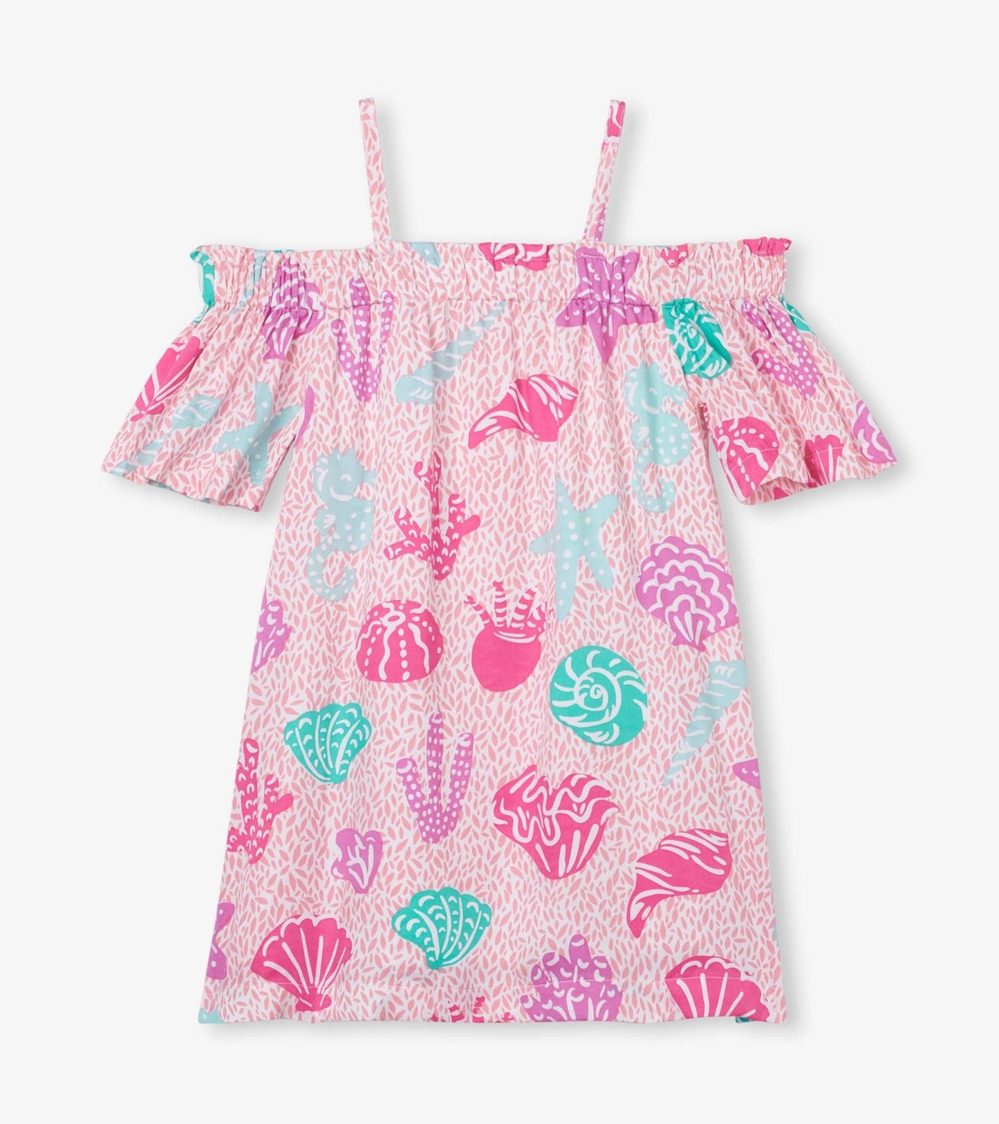 Off-shoulder dress featuring a pink background with colorful abstract sea life patterns in various shades.