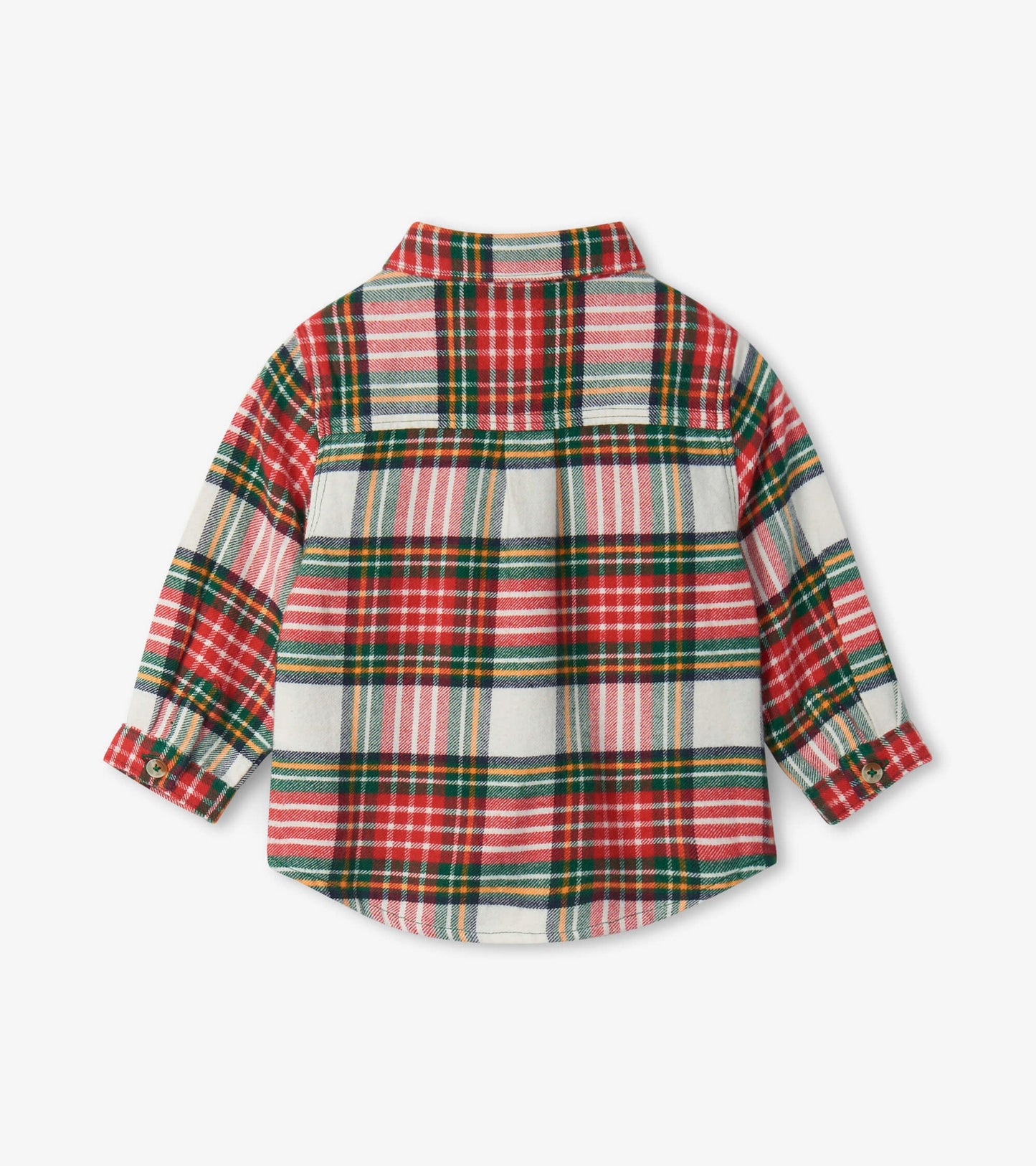 Red, green, and white plaid button-down shirt for babies, featuring long sleeves and a classic collar.
