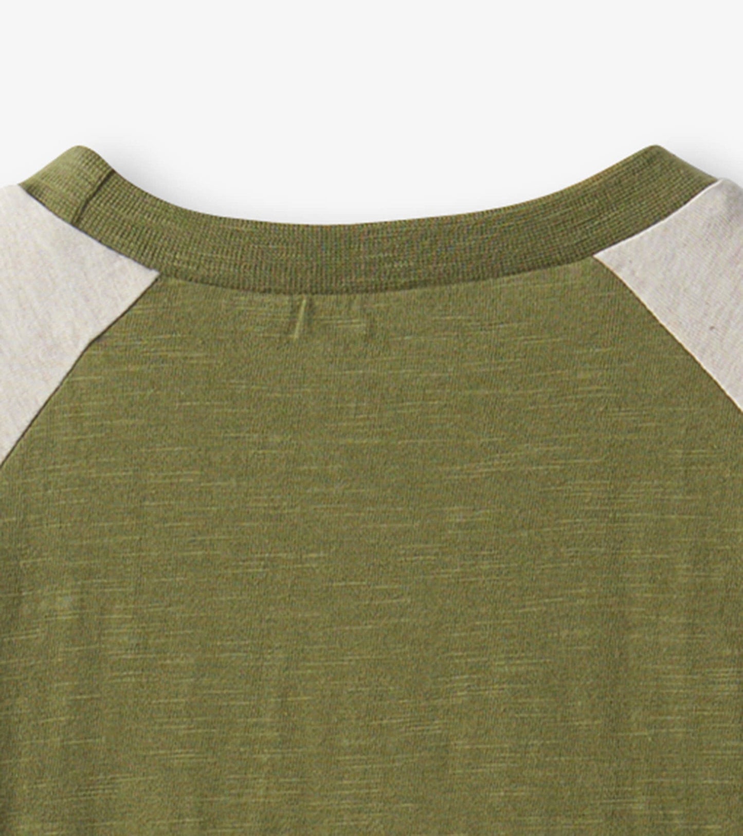 Olive green long sleeve t-shirt with light gray raglan sleeves and a crew neckline.