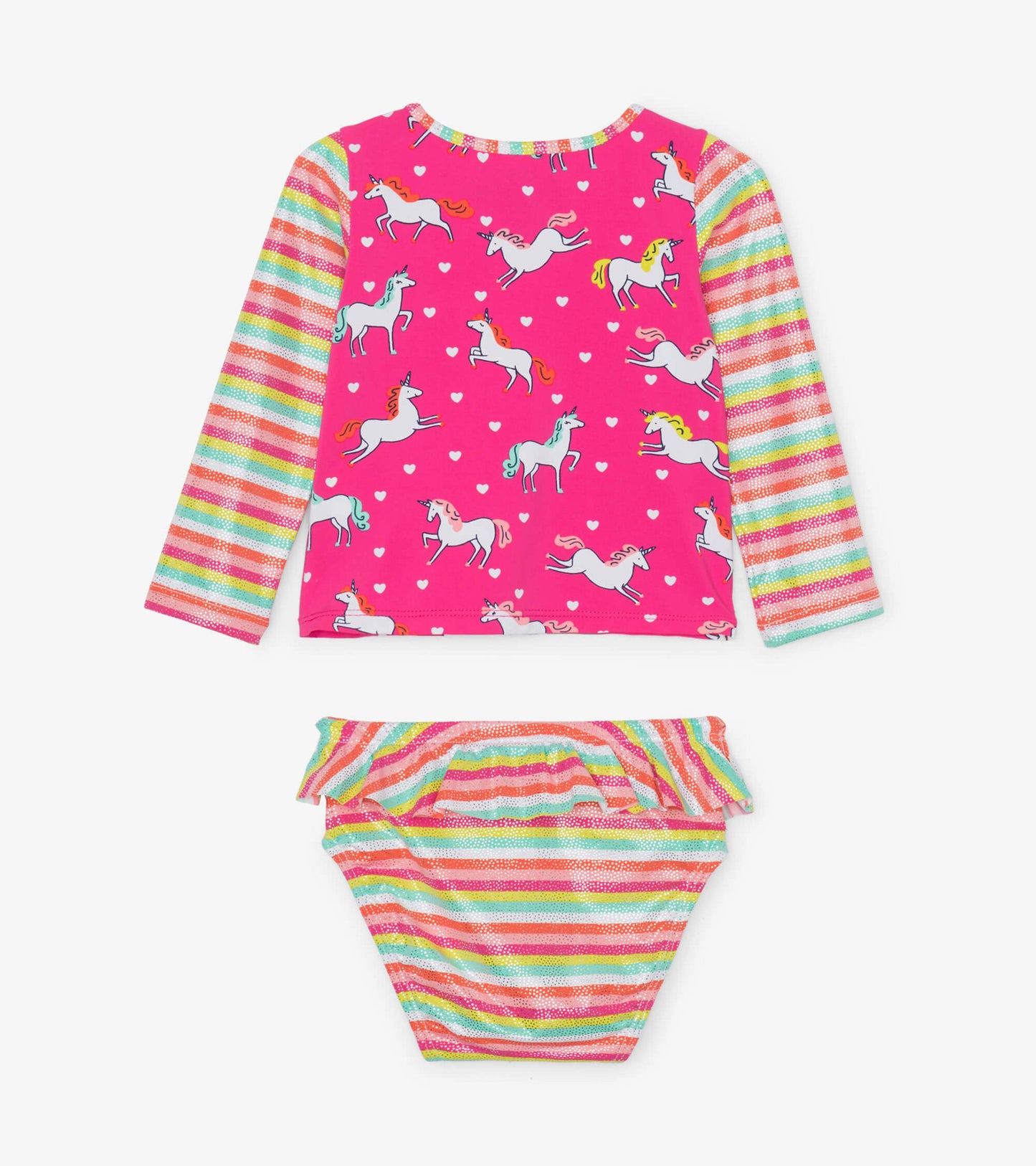 Pink long-sleeve rashguard with unicorns and heart pattern, paired with striped ruffled swim bottoms.