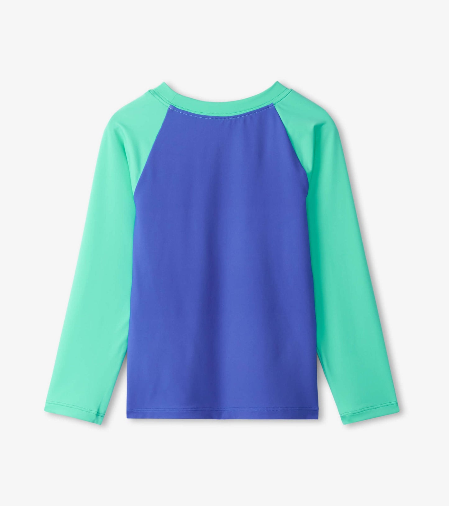 Long sleeve rashguard in blue and green, featuring a solid color design, suitable for kids' water activities.