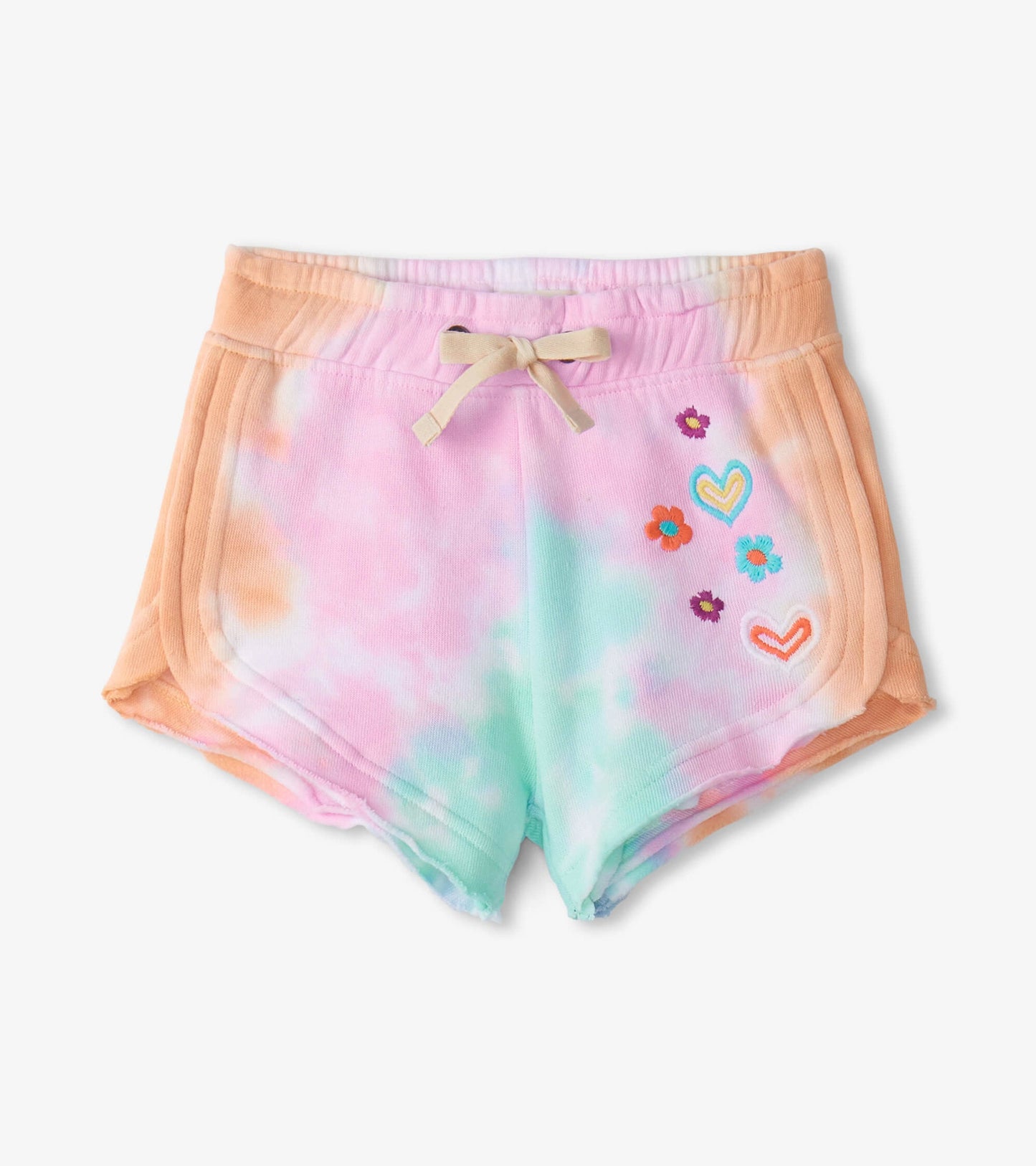 Pastel tie-dye pull-on shorts with embroidered flowers and hearts, featuring an elastic waistband and drawstring.