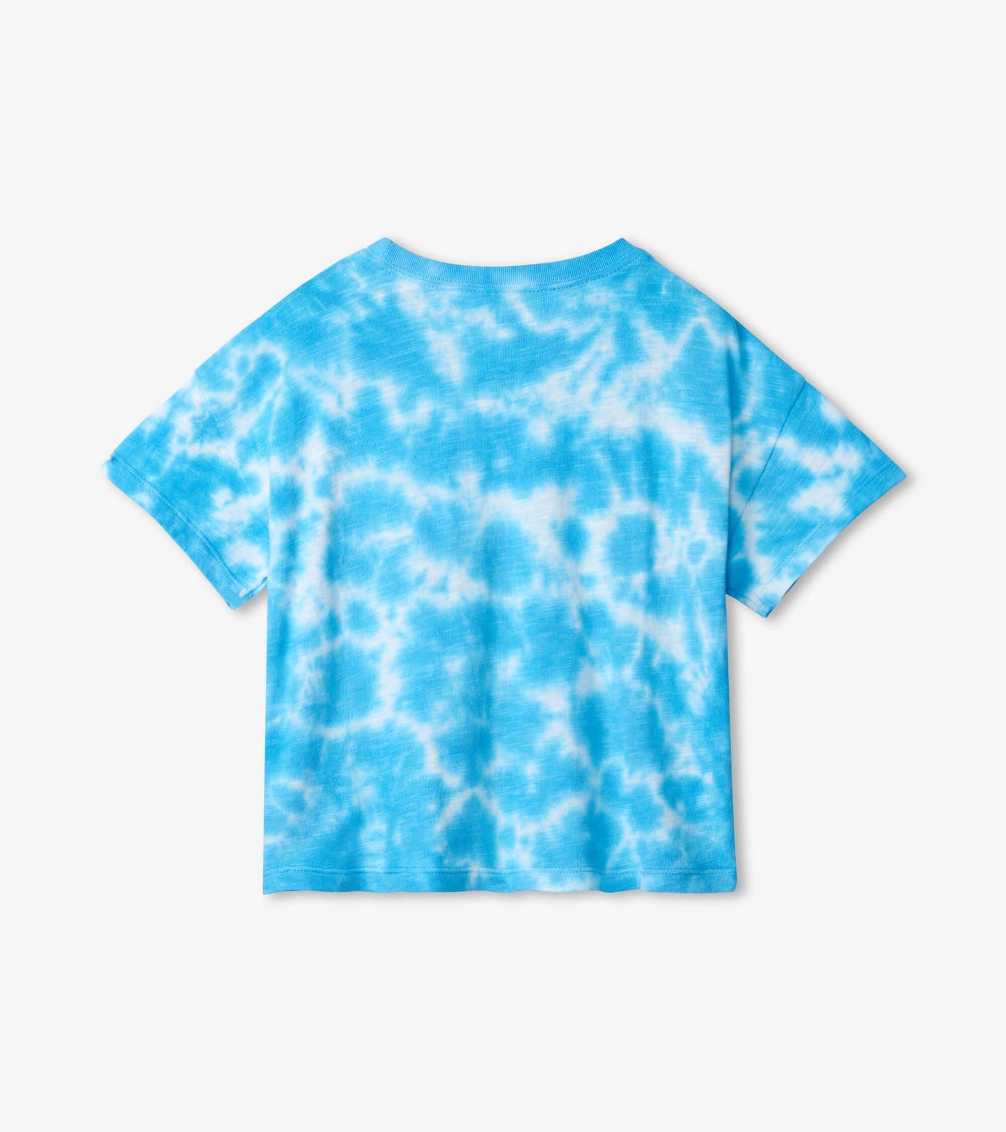 Light blue tie-dye short sleeve tee with a round neckline and front pocket, suitable for kids.