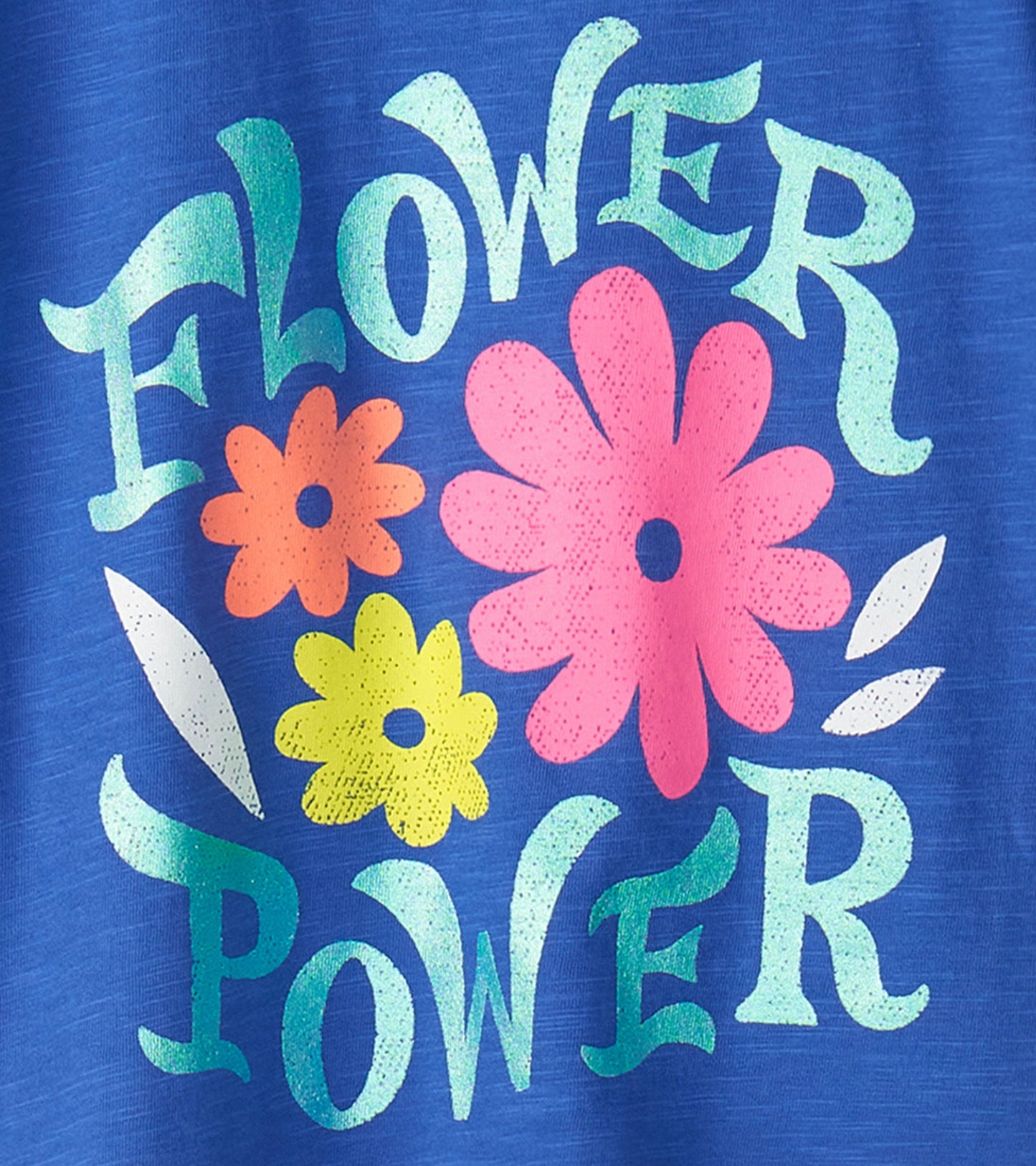 Blue shirt featuring colorful flower graphics and the text "Flower Power," designed for baby and toddler girls.