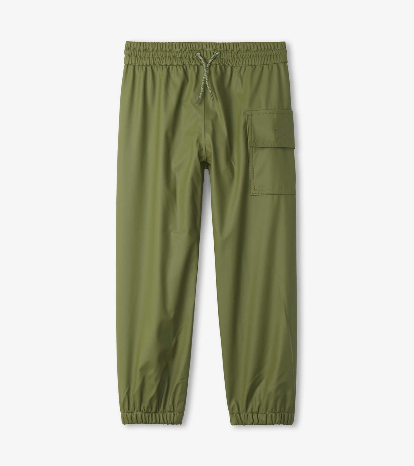 Forest green waterproof kids' rain pants with elastic waistband and side pocket. Ideal for outdoor play in wet weather.
