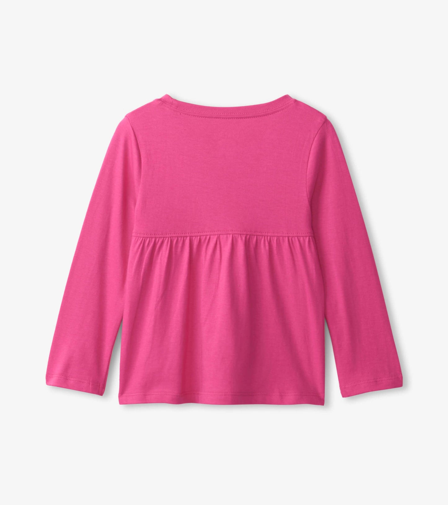 Pink long sleeve t-shirt with a gathered waist, designed for kids, featuring a soft, comfortable fabric.