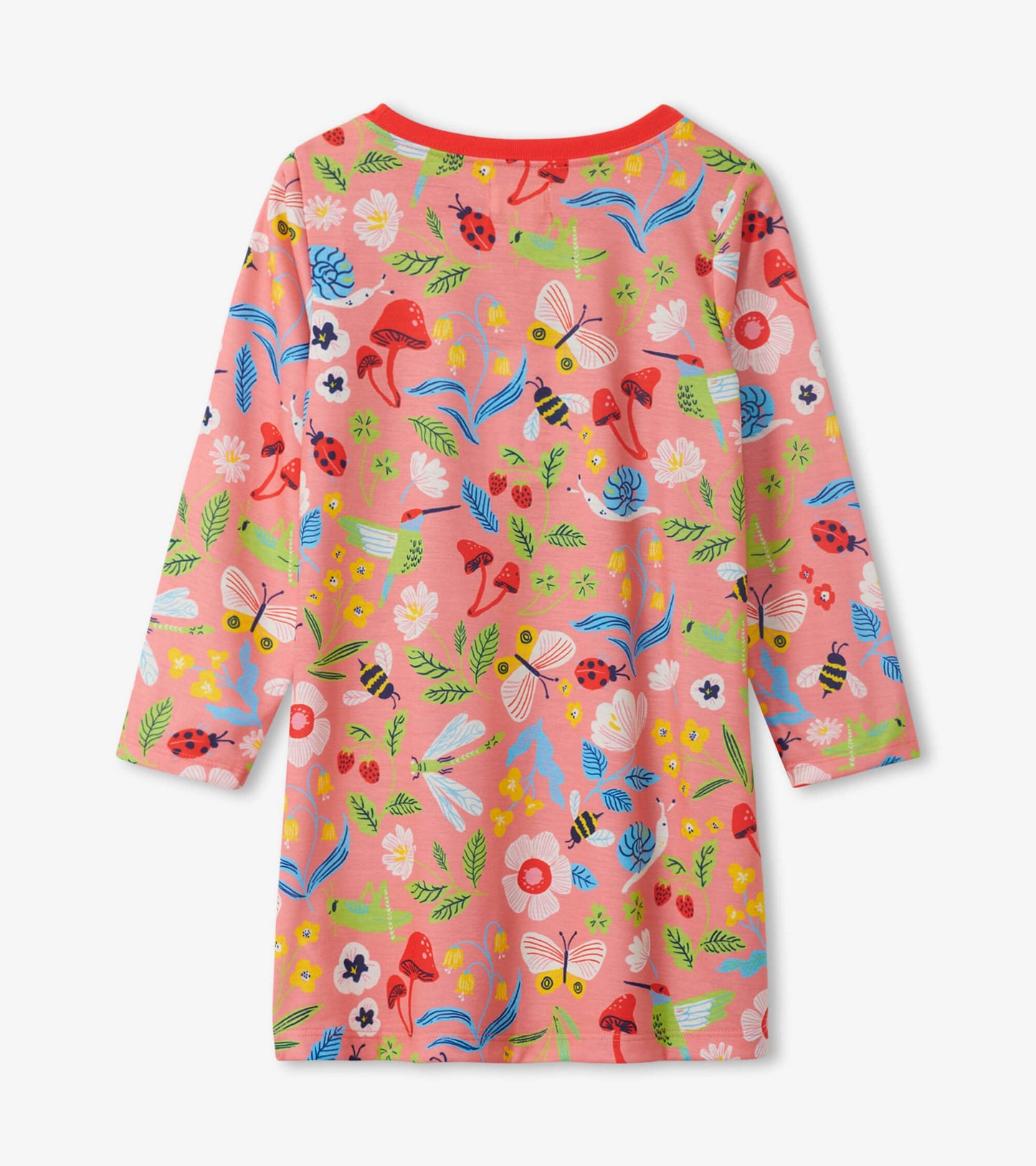 Long sleeve nightdress in pink with a colorful garden pattern featuring flowers, butterflies, and ladybugs.