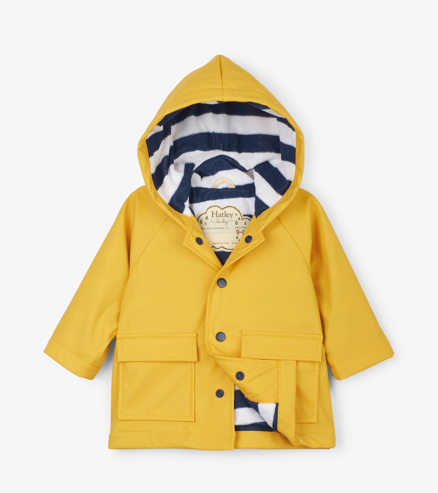 Yellow waterproof baby raincoat with a striped navy and white lining, featuring a hood and front pockets.