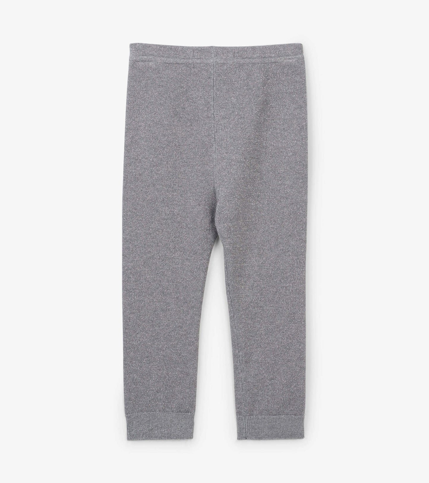 Silver glitter cable knit leggings for babies, featuring a snug fit and elastic waistband.