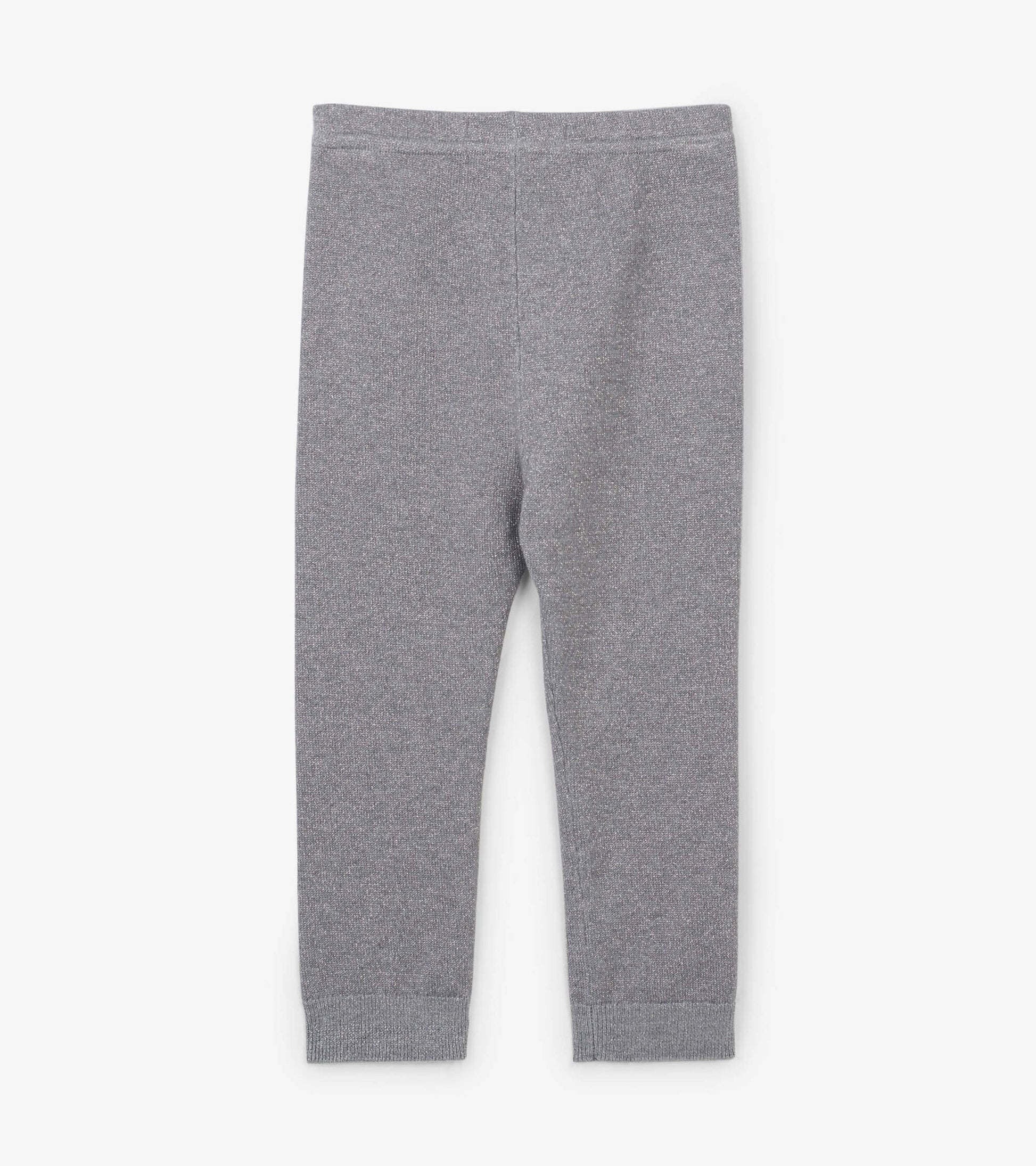 Silver glitter cable knit leggings for babies, featuring a snug fit and elastic waistband.