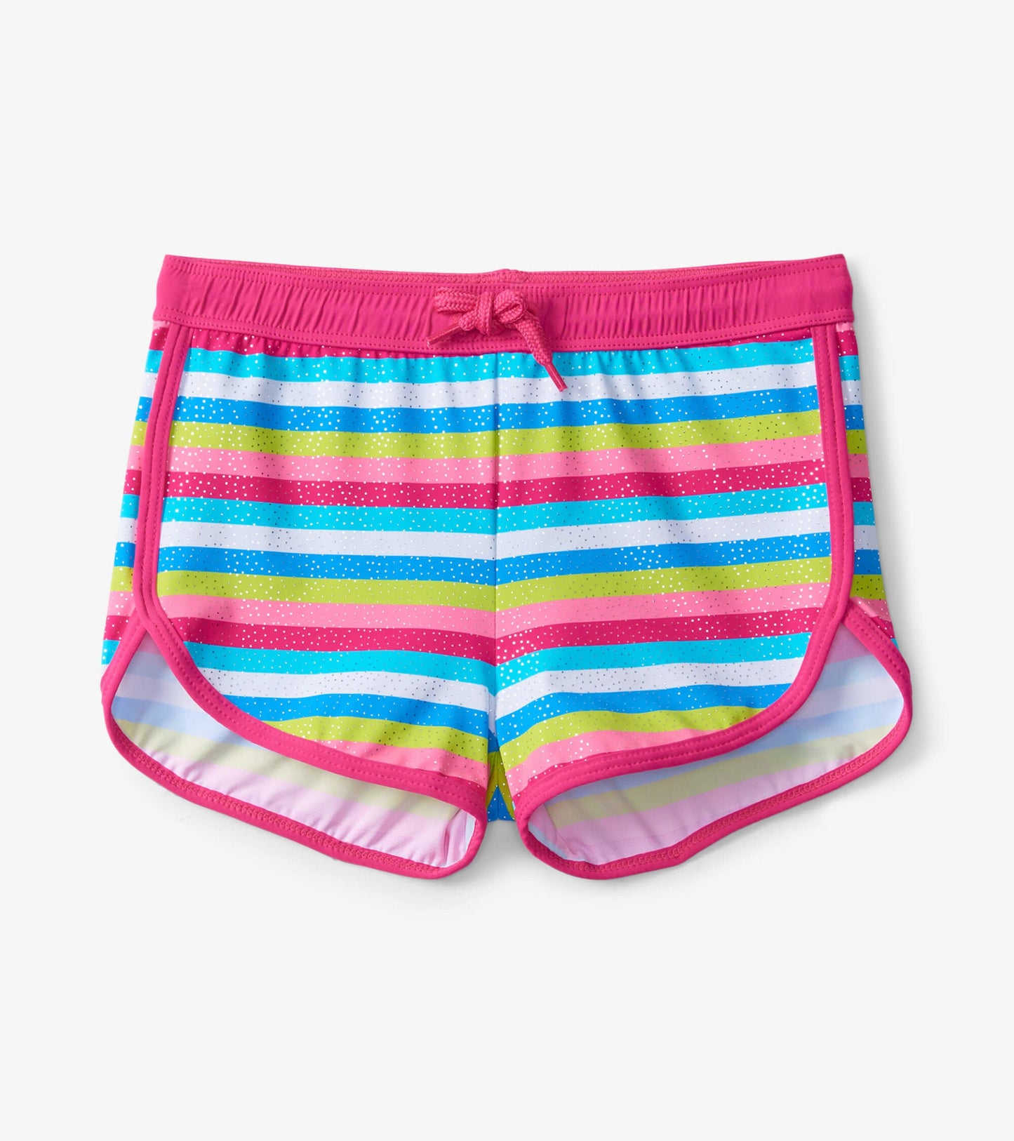 Colorful swim shorts featuring rainbow stripes in pink, blue, green, and yellow with a pink elastic waistband.