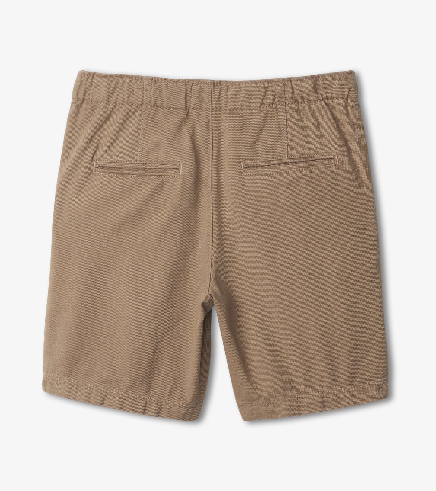 Khaki twill shorts with an elastic waistband and two back pockets, shown from the back.