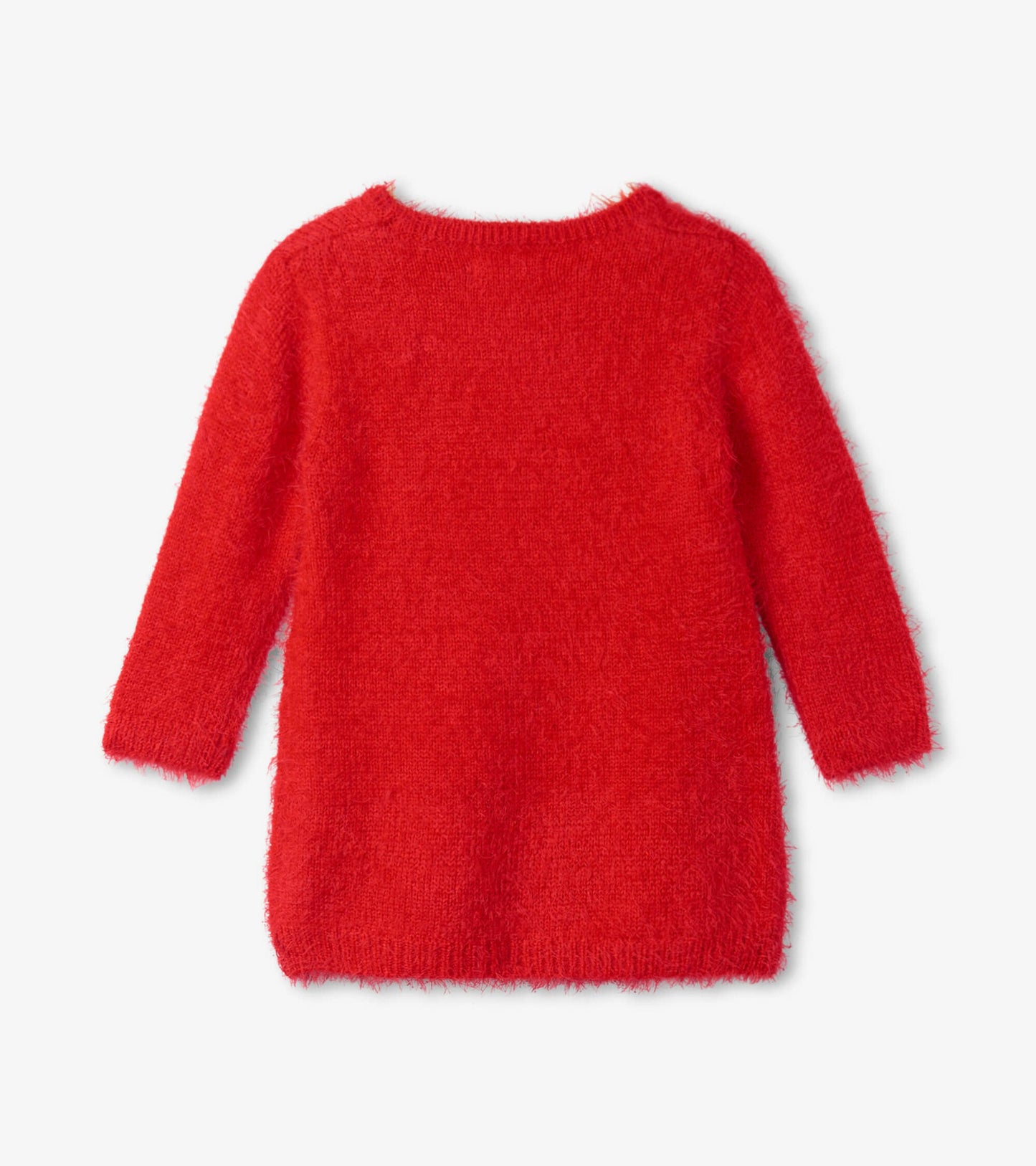 Red fuzzy sweater dress with long sleeves and a round neckline, designed for infants and toddlers.