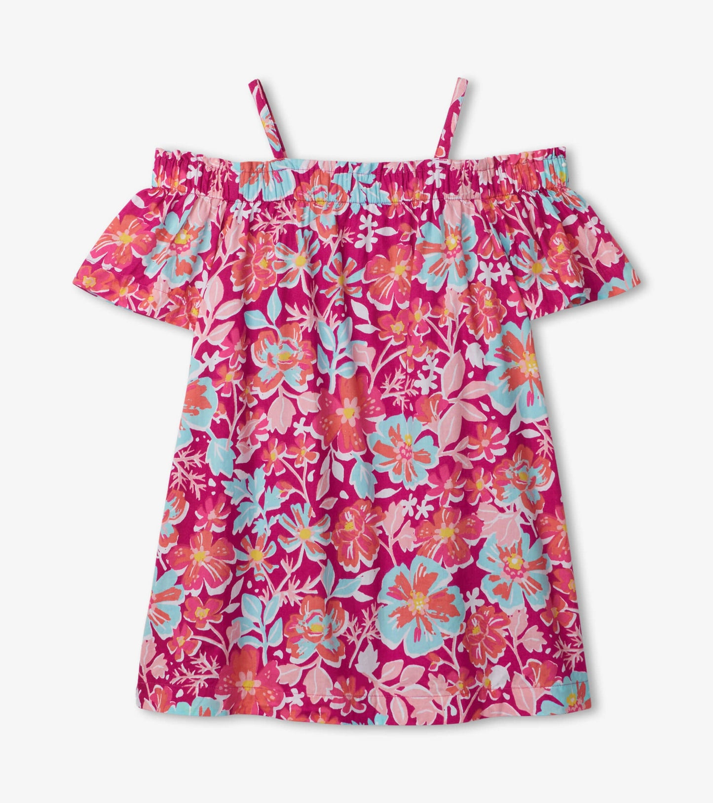 Off-shoulder dress featuring a vibrant pink floral pattern with blue and orange accents, ideal for summer wear.