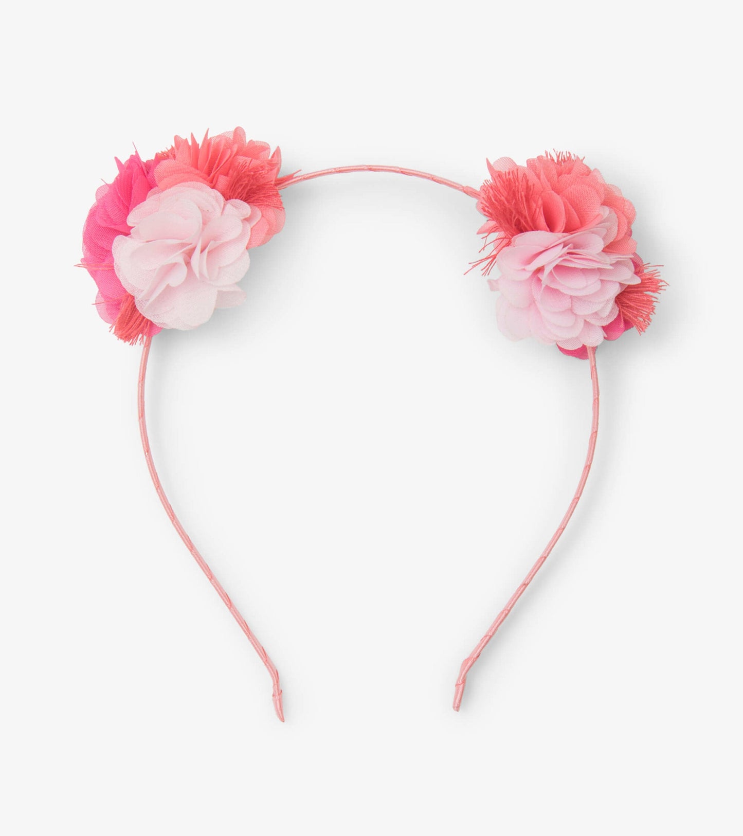 Pink floral headband featuring soft fabric flowers in shades of pink and coral, perfect for accessorizing.