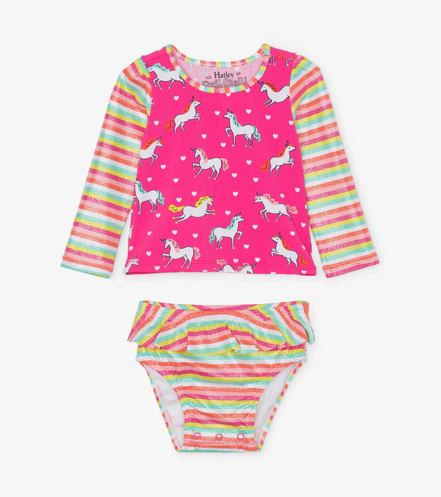 Pink long-sleeve rashguard with unicorn print and striped bikini bottom featuring ruffles in pastel colors.