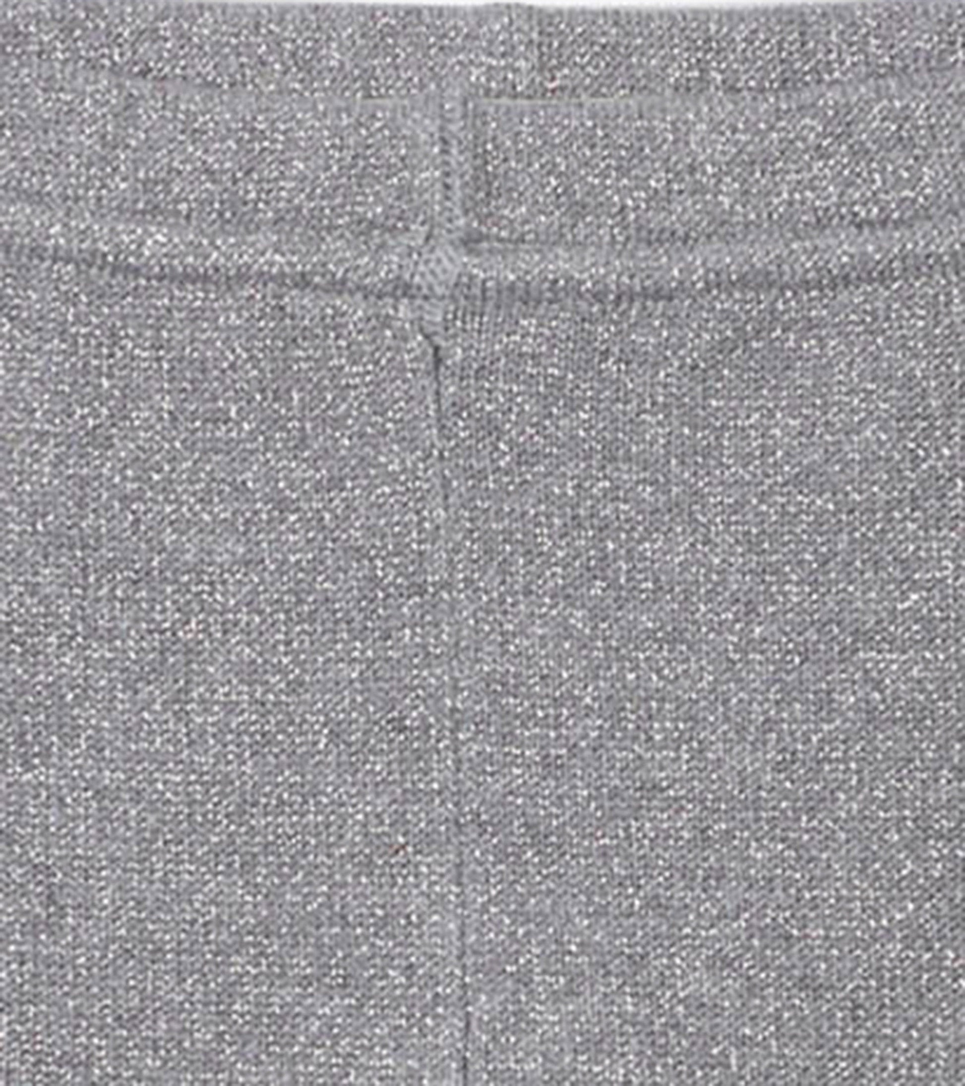 Silver glitter cable knit leggings with a soft texture, designed for infants, featuring an elastic waistband.
