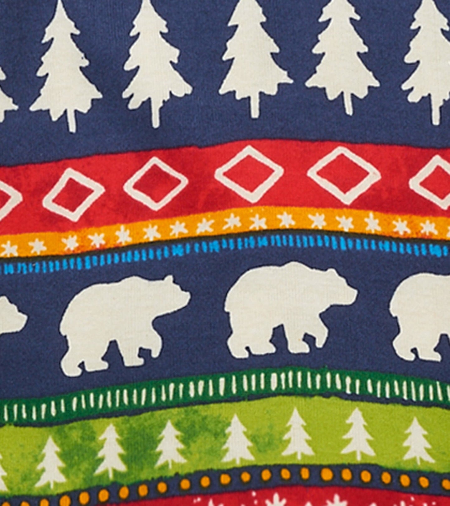Navy organic cotton pyjama set featuring Fairisle pattern with trees and bears in white, red, green, and blue colors.