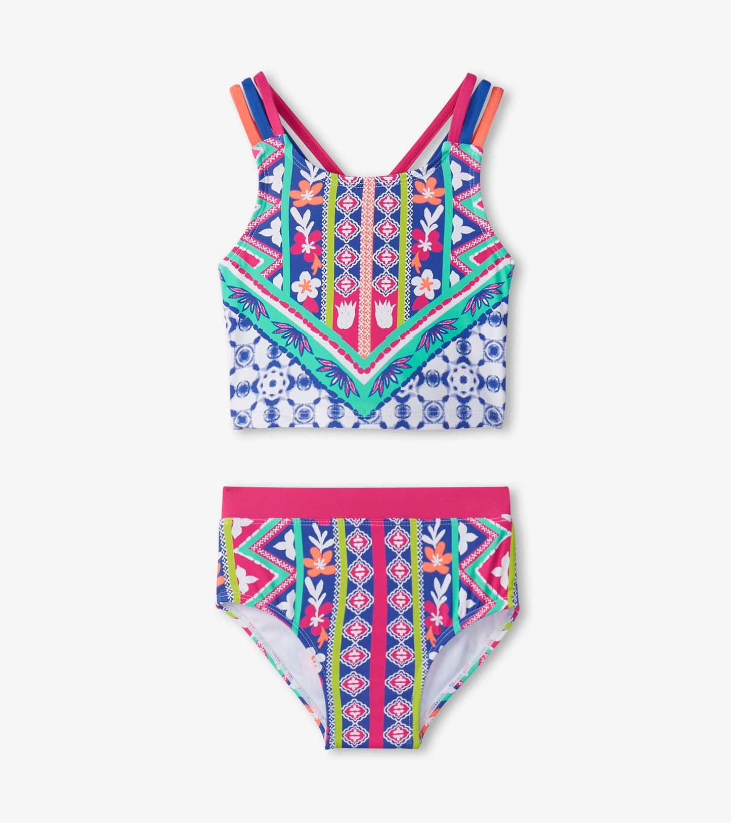 Colorful two-piece bikini set featuring a patterned crop top with multi-colored straps and matching bottoms.