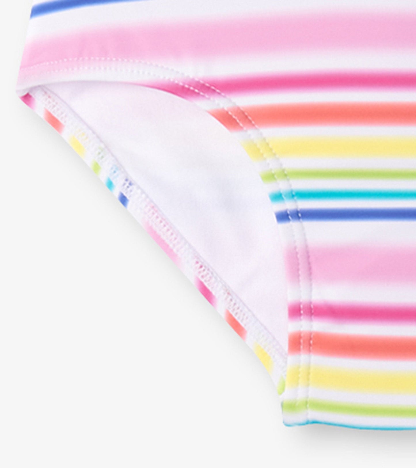 Colorful striped two-piece rashguard set featuring pink, yellow, and blue hues, designed for girls' swimwear.