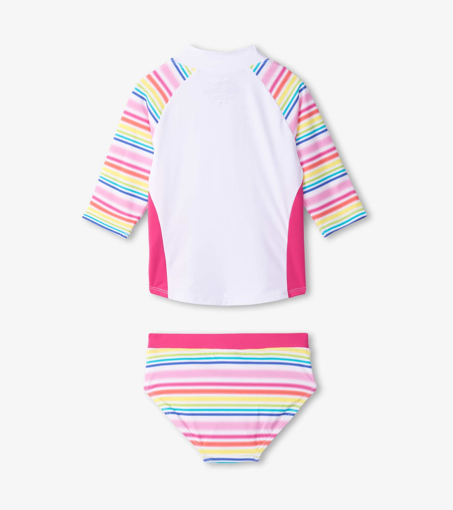 Two-piece rashguard set featuring a white top with colorful striped sleeves and a pink bottom with horizontal stripes.